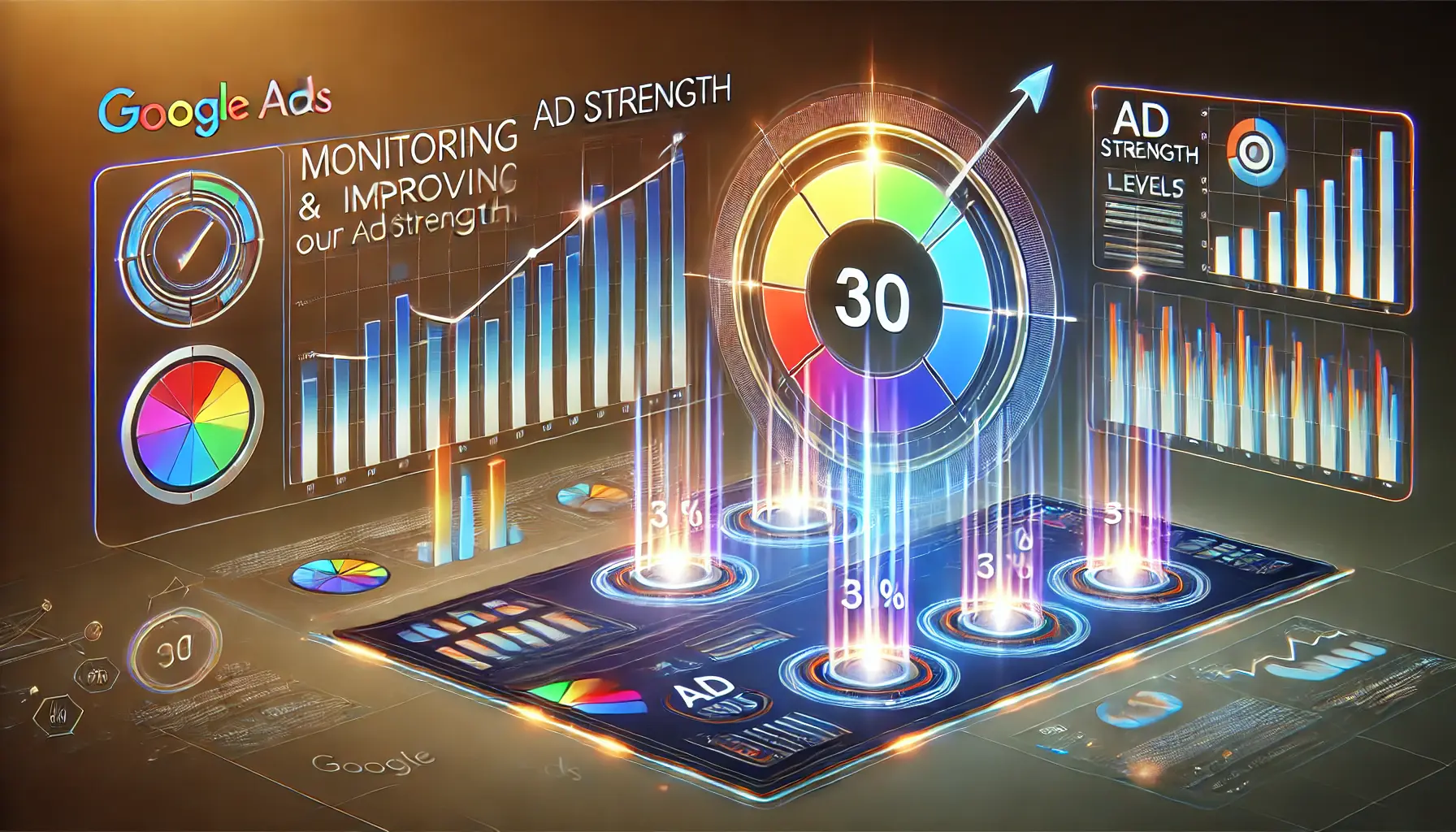 Illustration of a digital dashboard with performance graphs, bar charts, and progress bars to monitor and improve ad strength.