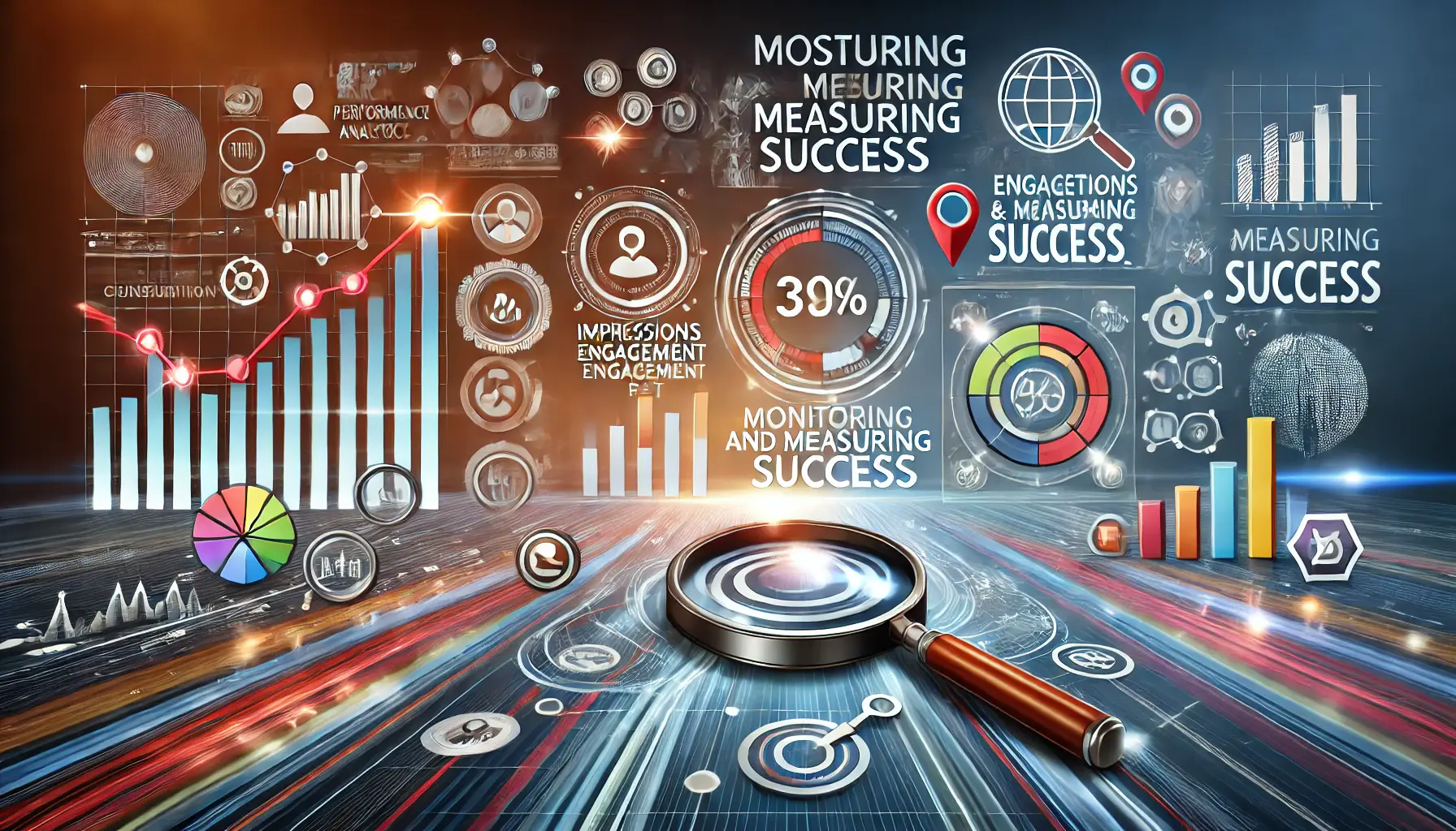 A digital dashboard showcasing key performance metrics like impressions, engagement rates, and conversion rates, surrounded by analytics icons and performance graphs.