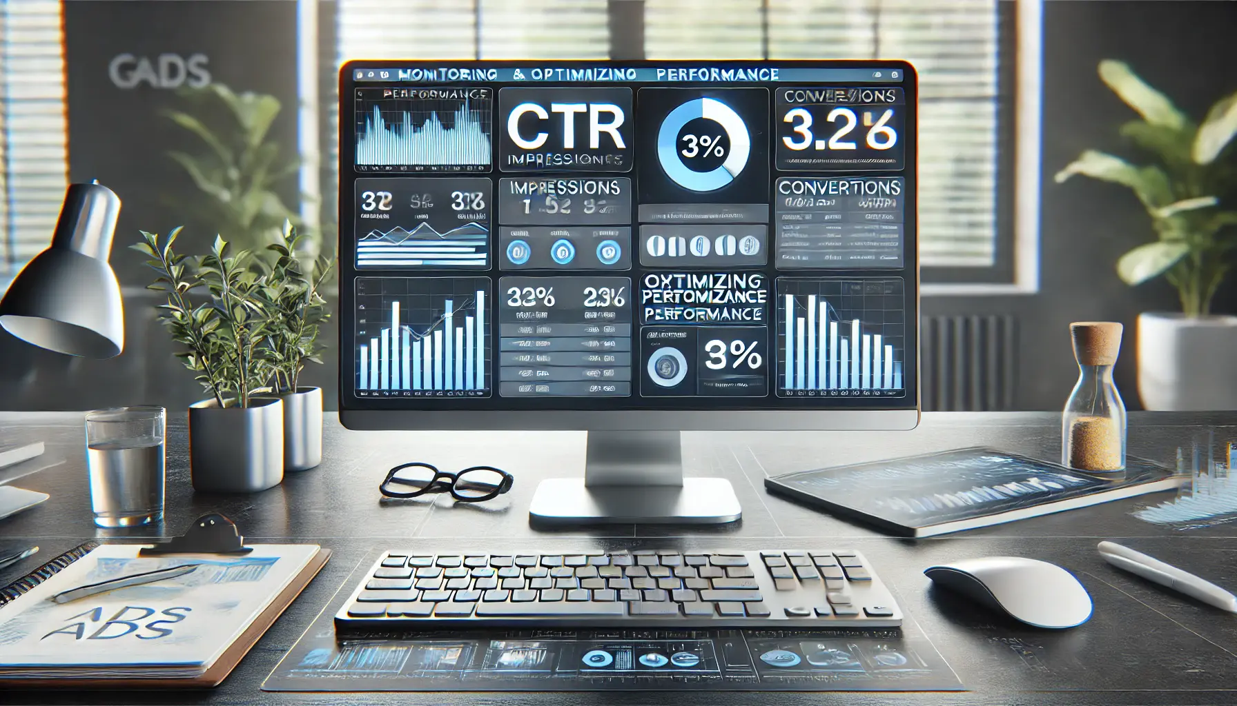 A Google Ads dashboard displaying performance metrics such as CTR, impressions, and conversions, with charts and graphs for optimization.