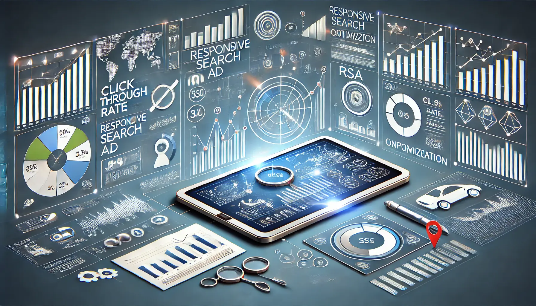 Digital analytics dashboard displaying performance indicators for responsive search ads (RSAs), symbolizing monitoring and optimization.