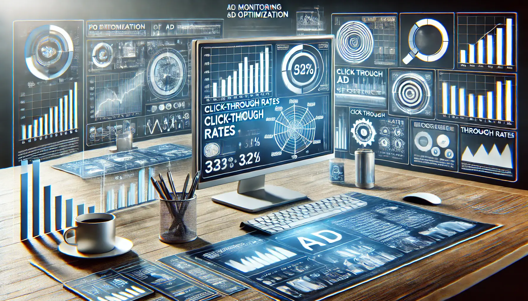 A digital workspace with multiple screens showing performance metrics for sequential ad optimization.