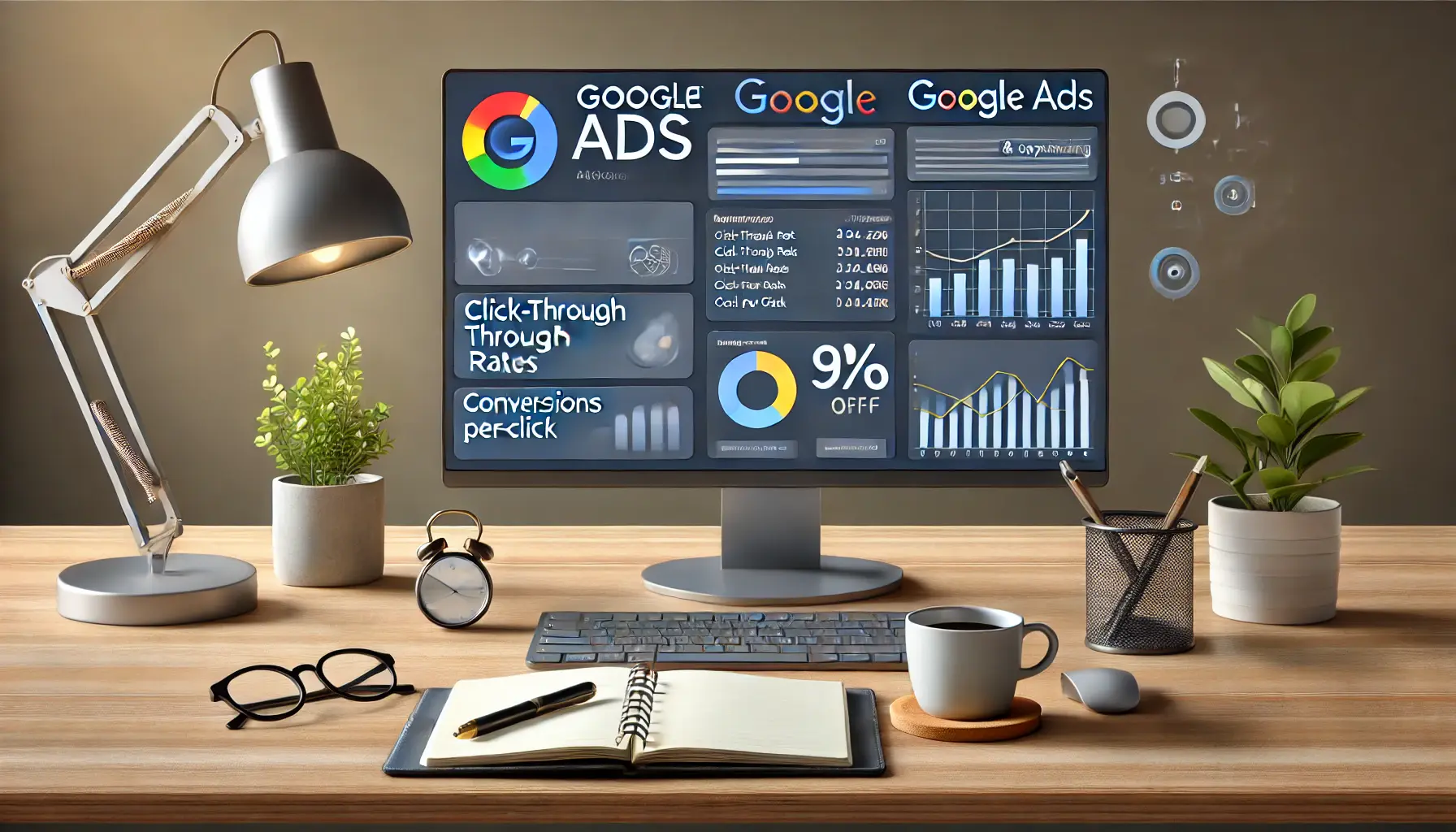 A modern workspace with a computer screen displaying Google Ads performance metrics such as click-through rates, conversions, and cost-per-click.