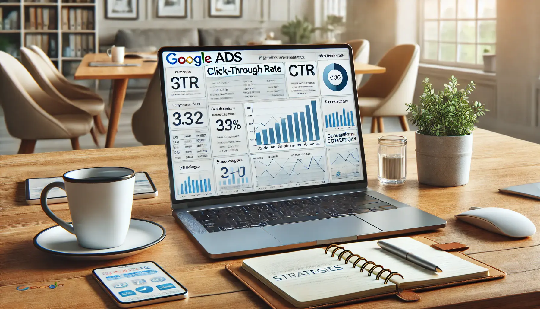 A laptop displaying Google Ads performance metrics like CTR and conversion rates, set on a desk with a notebook, coffee mug, and tablet with analytics.