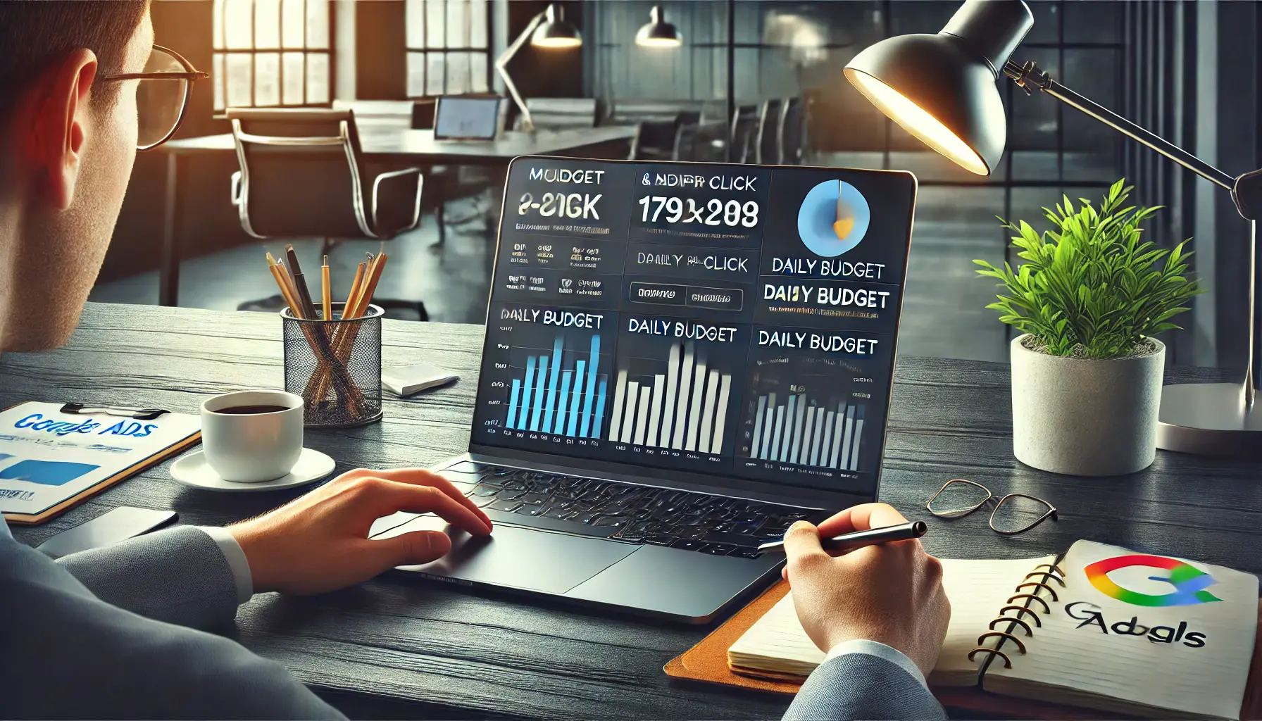 A digital marketer reviewing budget and bidding metrics on a laptop, with data on cost-per-click, daily budget, and bidding strategies visible, and a notebook, pen, and coffee cup on the desk in a modern office setting.