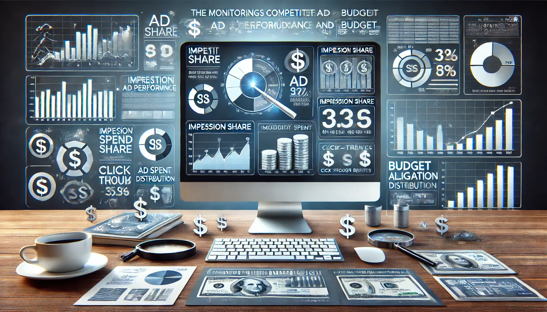 A professional workspace showing a computer screen with analytics dashboards displaying metrics like impression share, ad spend distribution, and click-through rates, surrounded by budget charts and magnifying glass icons.