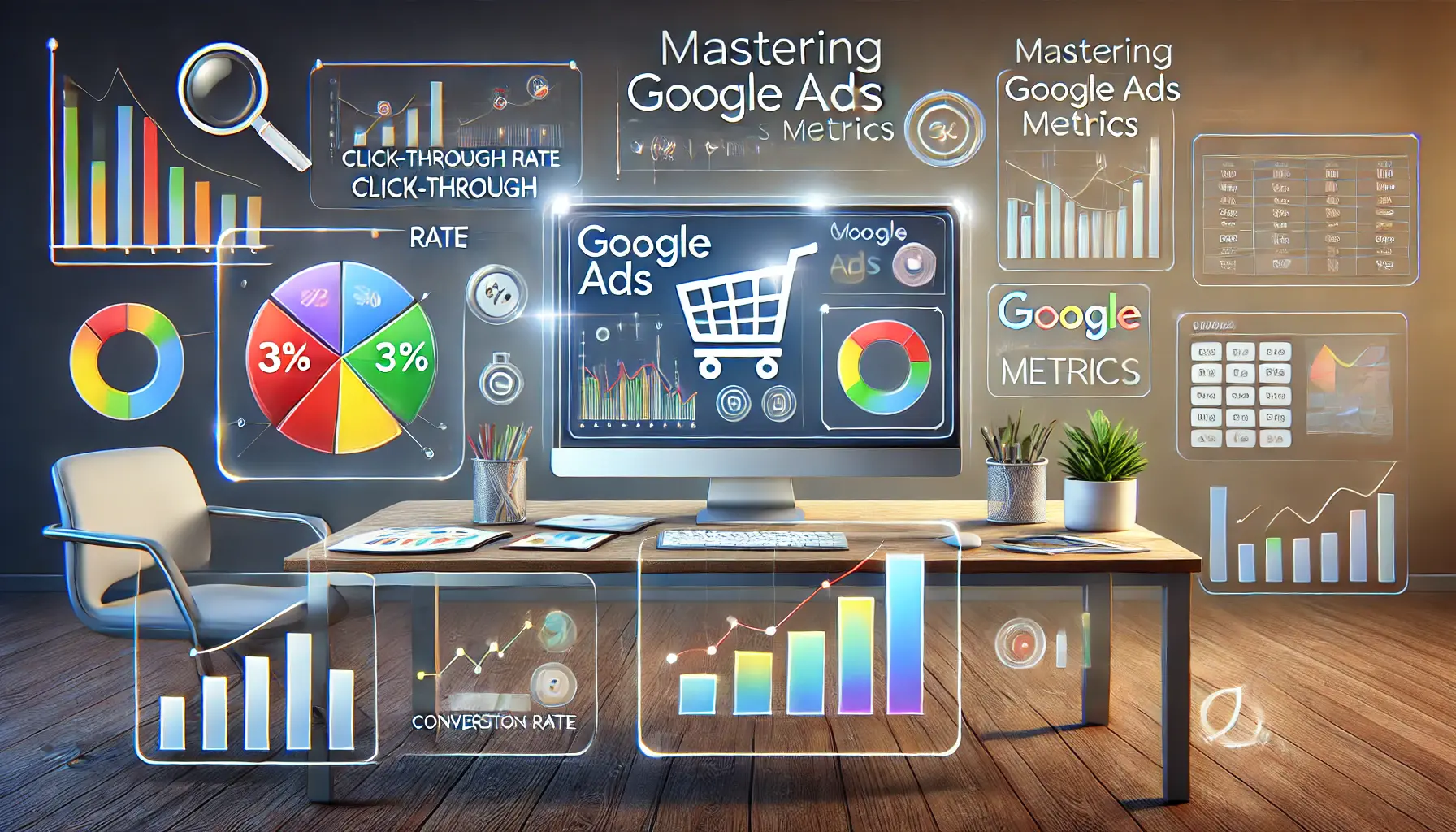 Digital marketing setup featuring a desktop screen with colorful graphs and analytics dashboards representing Google Ads metrics.