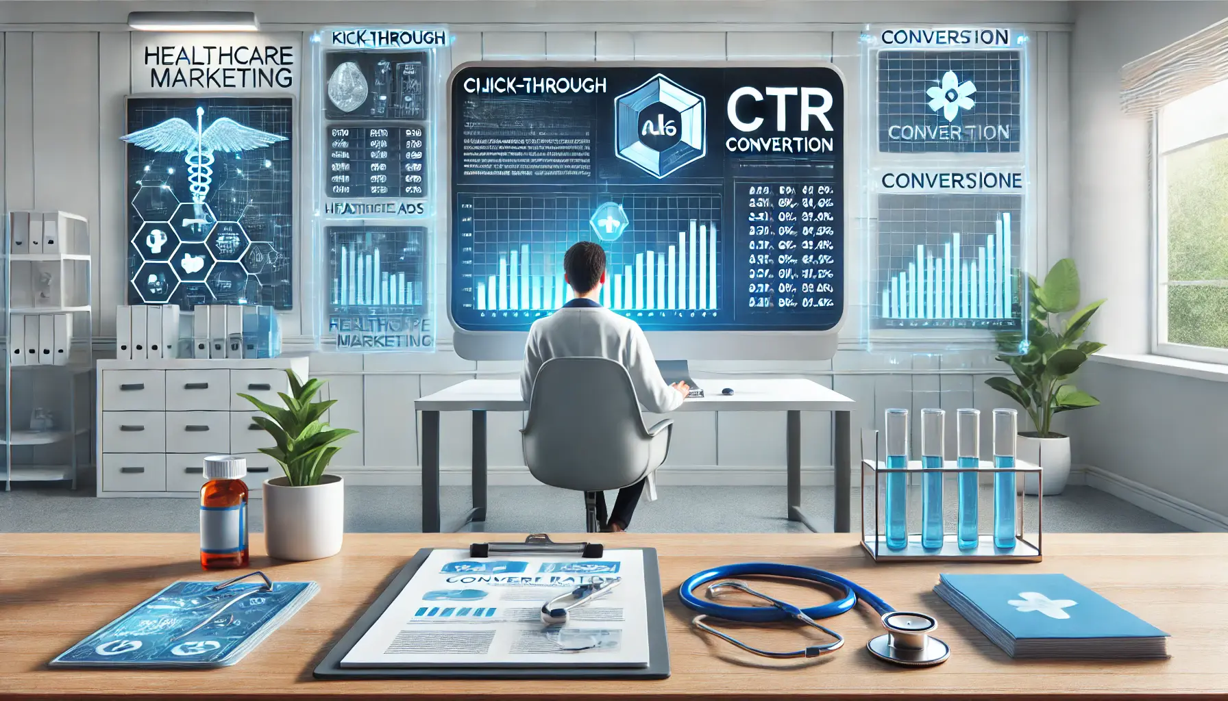 A professional workspace with a computer screen displaying graphs and data for click-through and conversion rates in healthcare marketing.