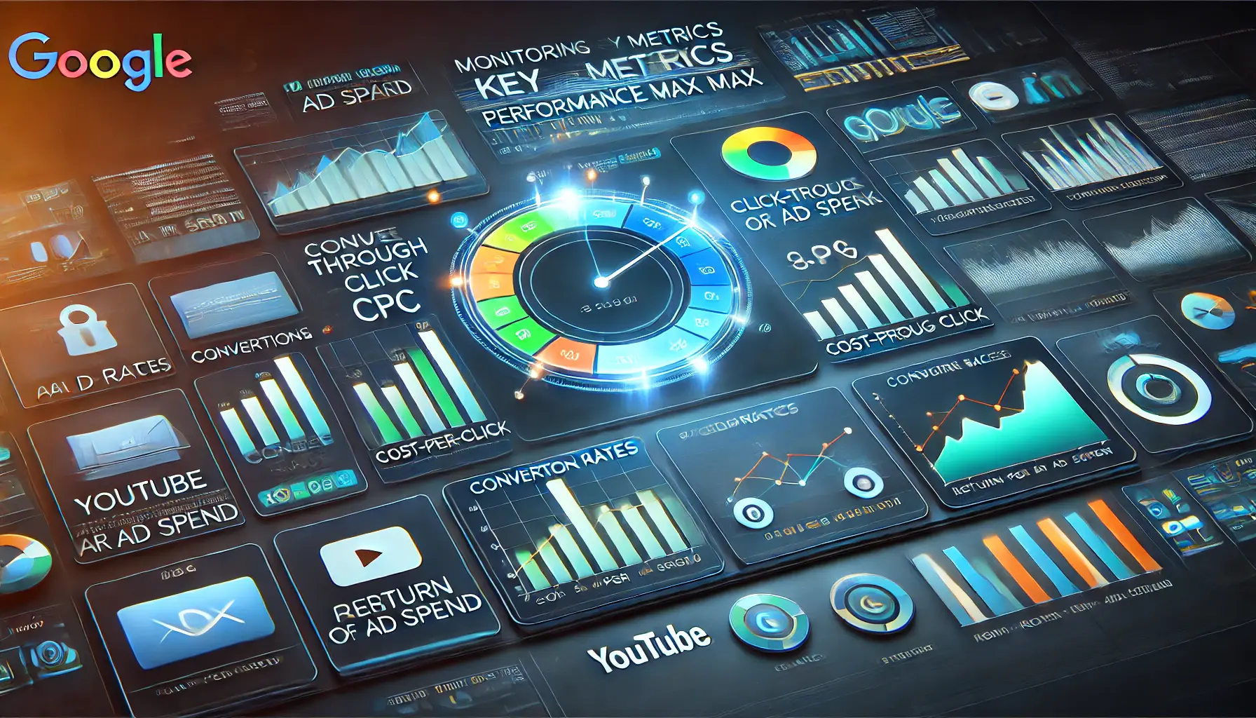 A professional illustration showing a digital dashboard with performance indicators like conversion rates, click-through rates, and ROAS for Google Ads Performance Max campaigns.