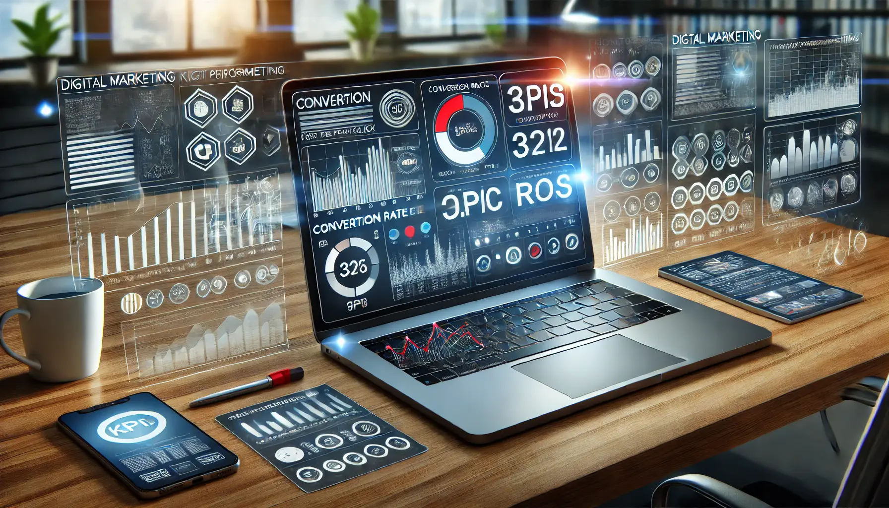 A realistic image of a laptop displaying a digital marketing dashboard with performance metrics like conversion rate, CPC, and ROAS.