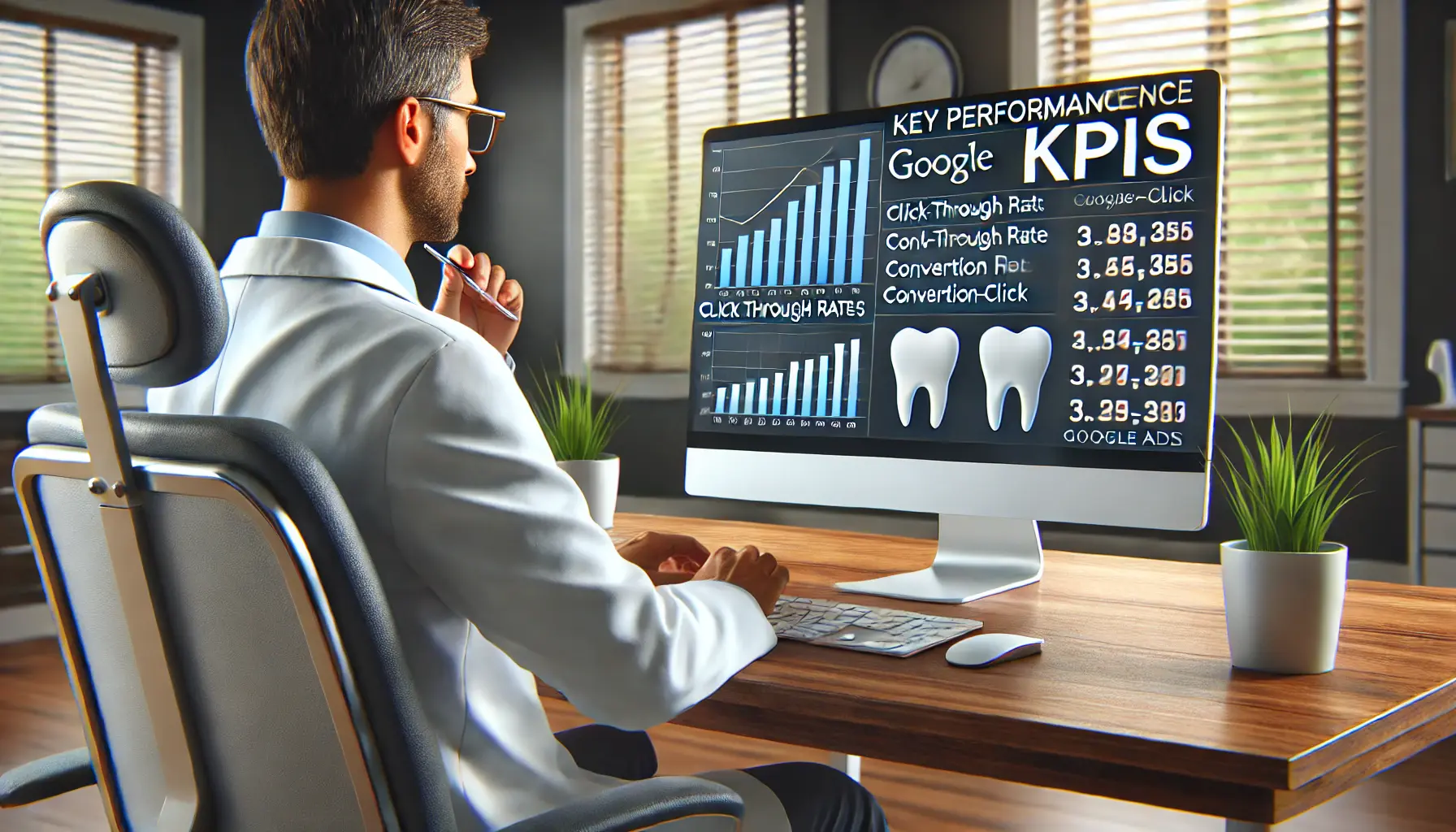 A dentist monitoring key performance indicators (KPIs) for a Google Ads campaign on a computer screen in a modern office.