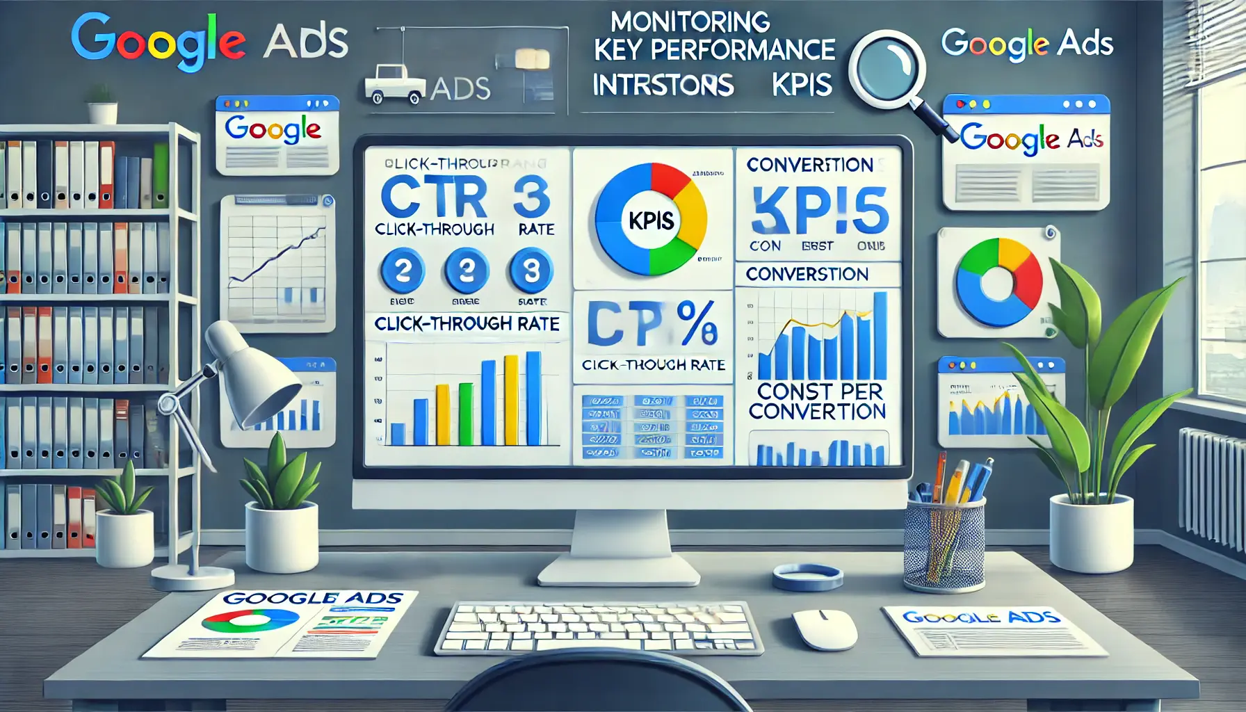 A modern office with a computer displaying Google Ads performance charts and graphs, including metrics like CTR, conversion rate, and cost per conversion, surrounded by KPI symbols like bar graphs and pie charts.