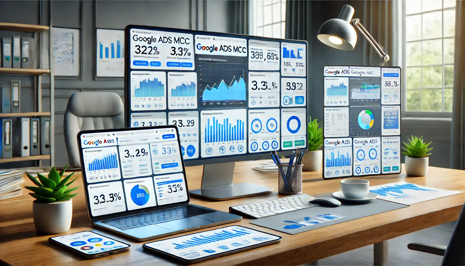 A workspace with multiple screens displaying Google Ads MCC dashboards showing performance metrics and graphs.