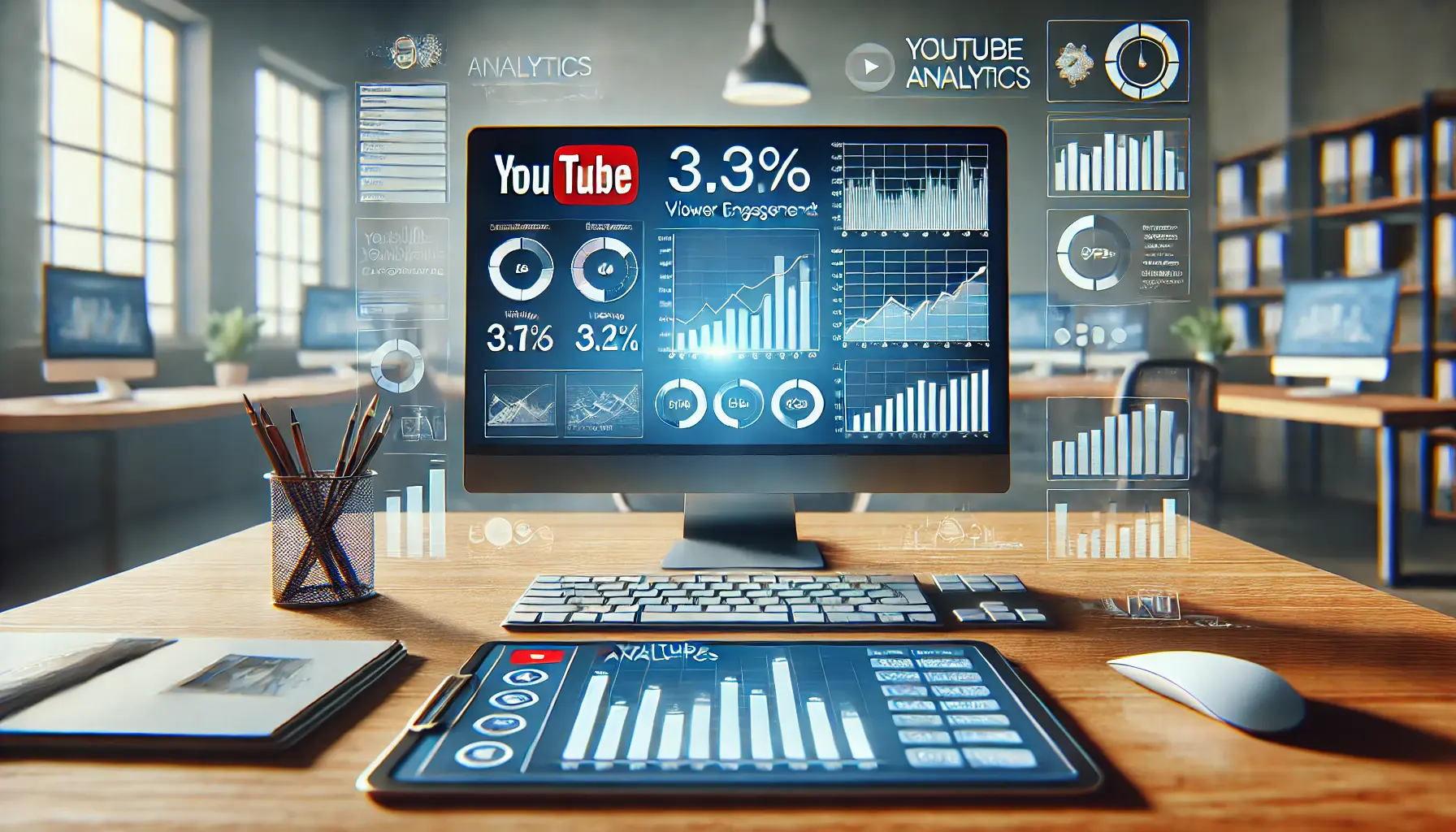 A digital workspace showing the monitoring of performance with YouTube Analytics.