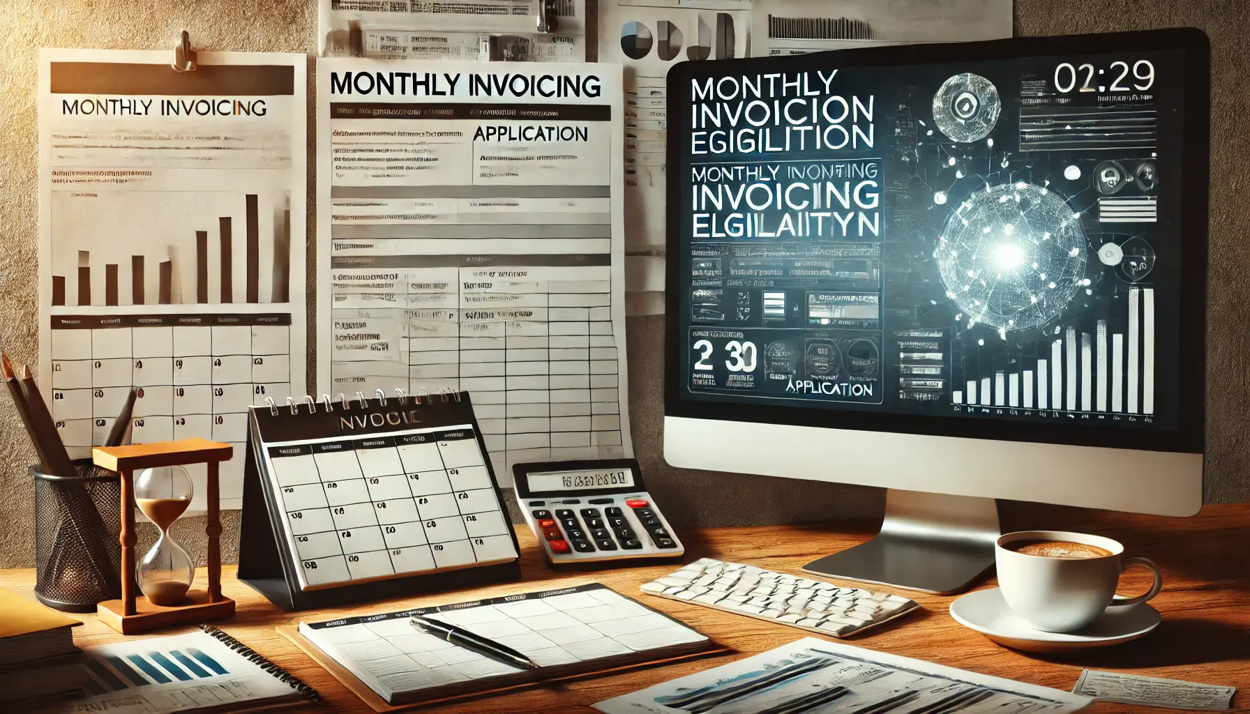 A workspace featuring a desktop screen displaying a form for monthly invoice application, with a calendar, coffee cup, and notepad, symbolizing the process of applying for monthly invoicing.