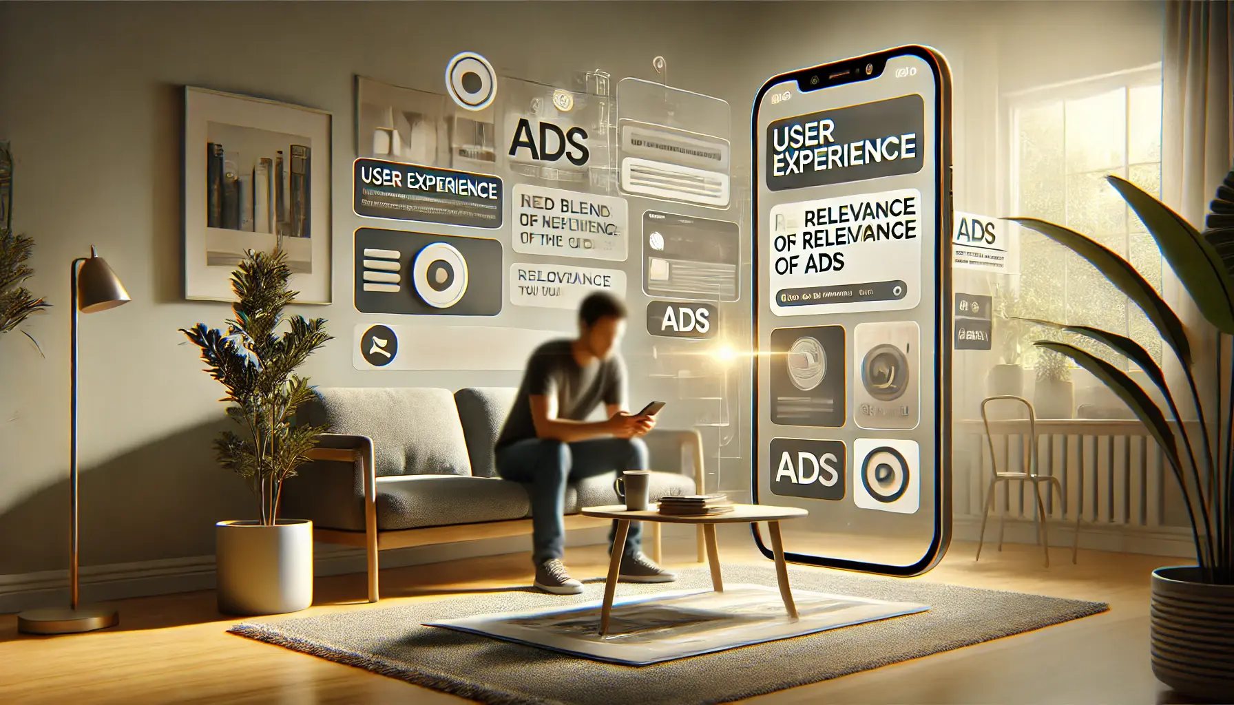 A user browsing content on a smartphone with relevant ads that blend seamlessly into the content, symbolizing personalized and non-intrusive ad experiences.