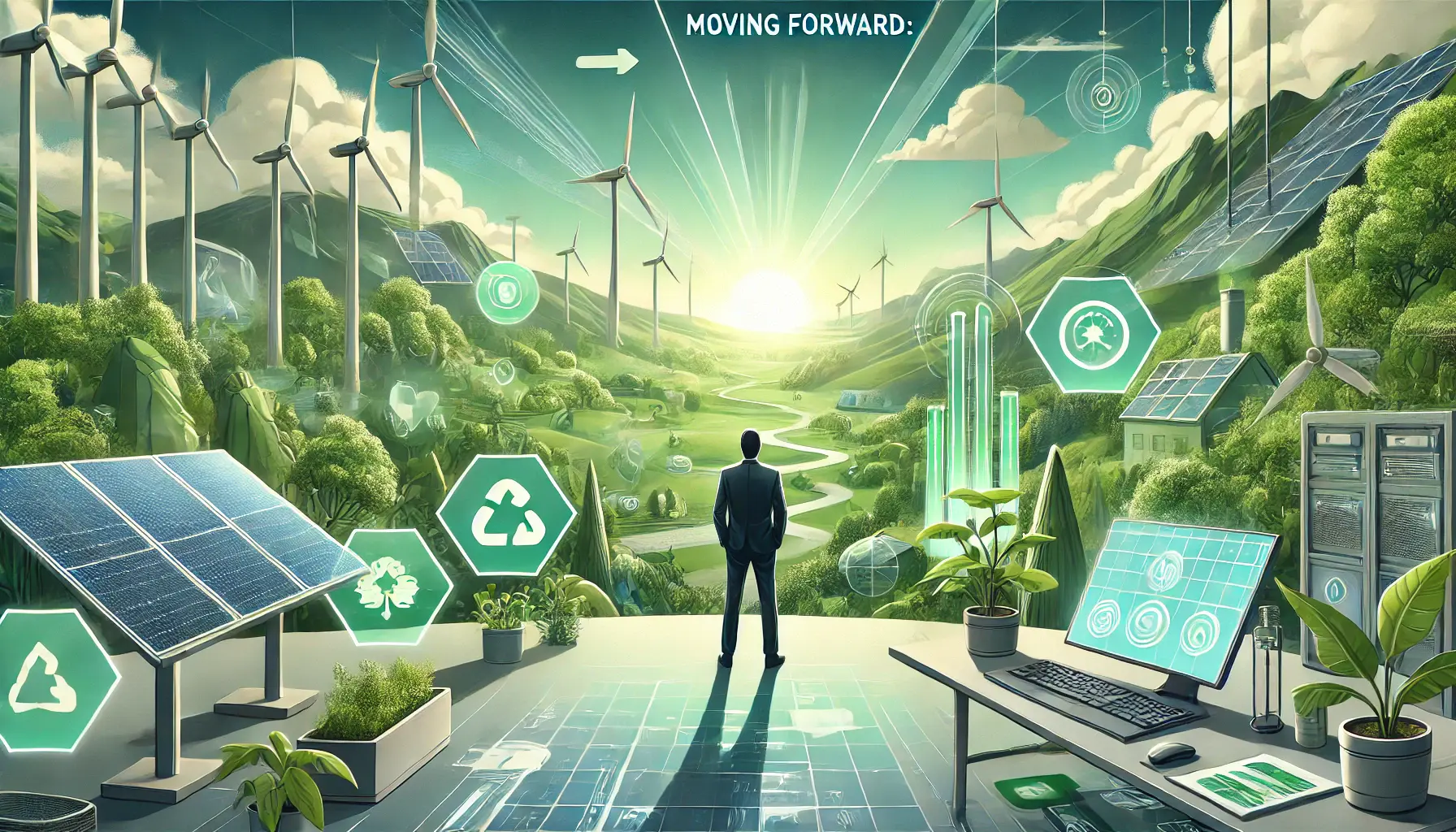 Illustration of a digital marketer looking forward with futuristic technology and green energy sources like wind turbines and solar panels in the background.