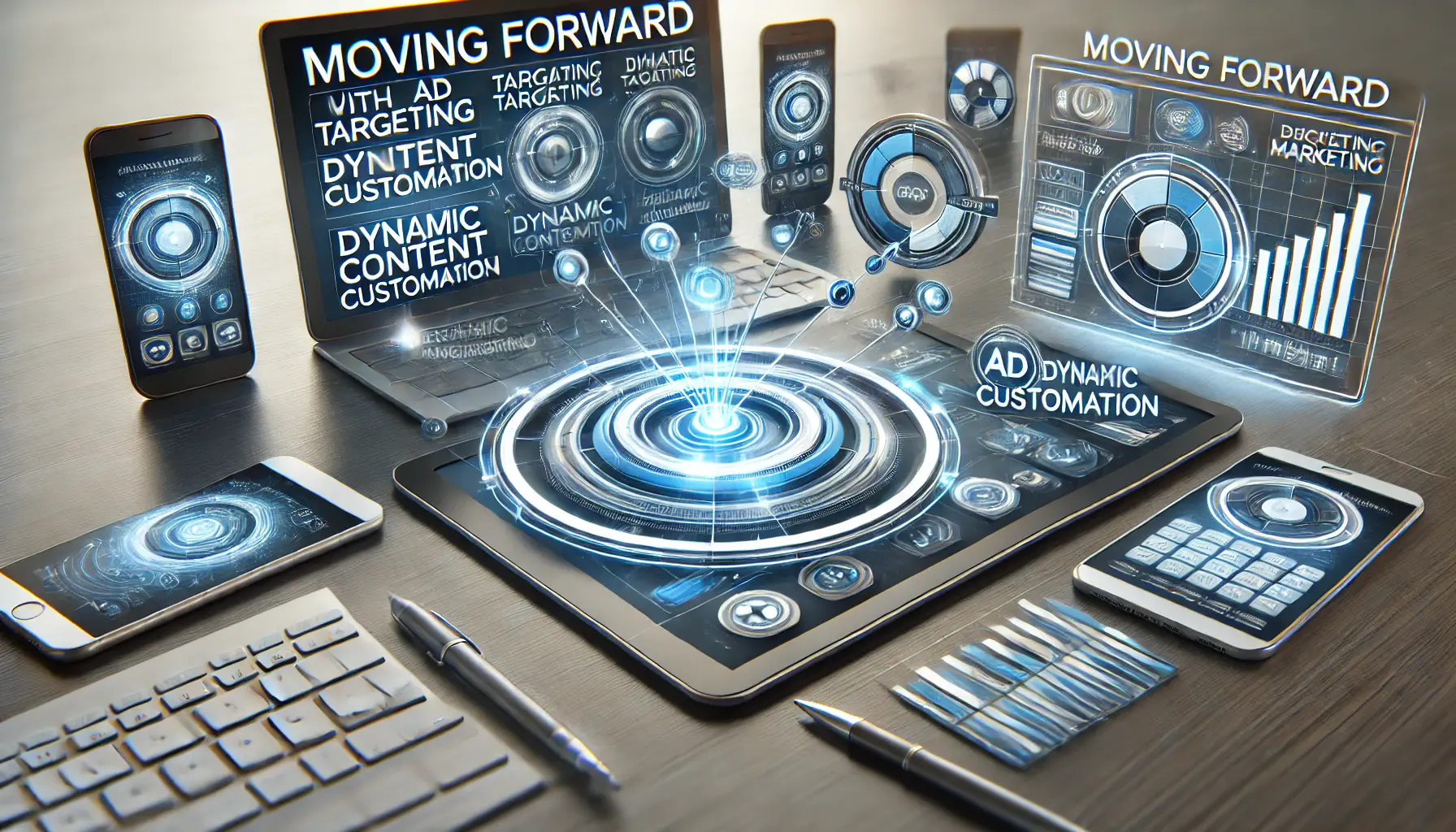 Illustration of moving forward with ad customization, showing advanced targeting and dynamic content across devices.