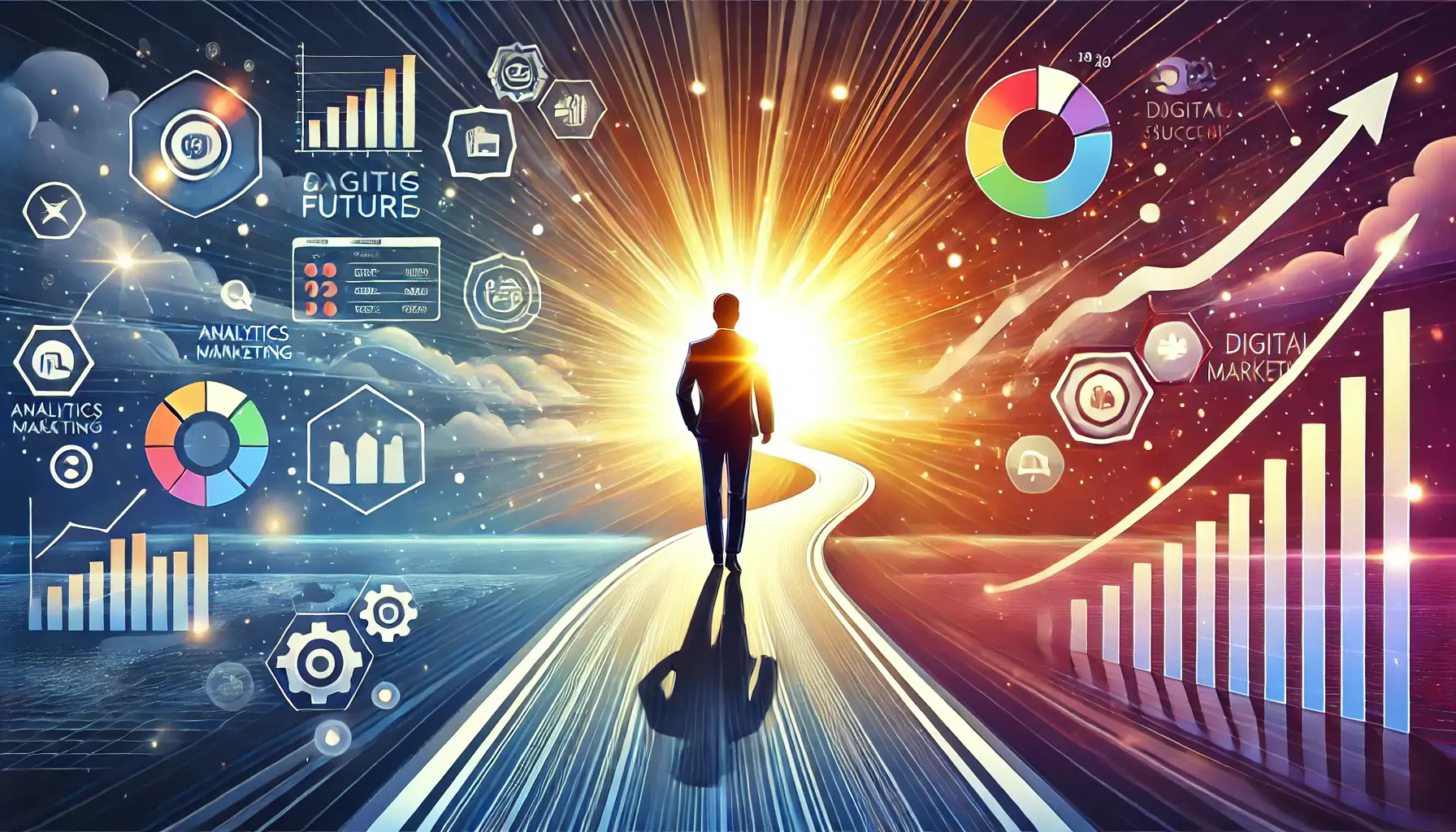 A person confidently walking on a path toward a bright horizon, with digital marketing elements like devices, charts, and growth symbols.