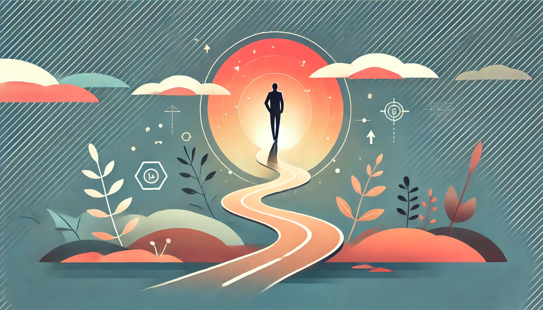 An image depicting a person walking confidently on a path towards a bright horizon, symbolizing progress and success.