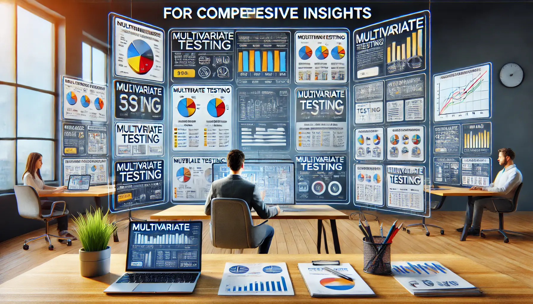 A digital marketer analyzing multiple screens showing different ad variations with multiple variables for multivariate testing.