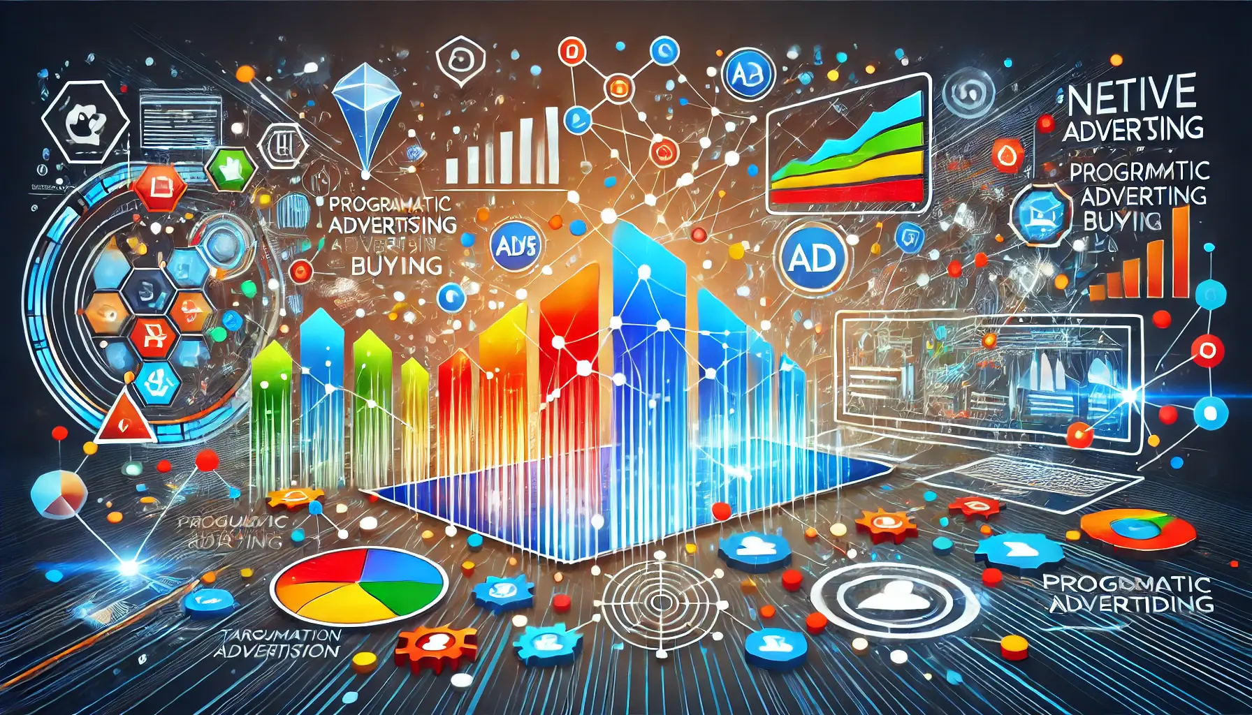 An abstract illustration representing native advertising networks and programmatic advertising platforms, with digital content blending into web environments and data points symbolizing automated ad buying.