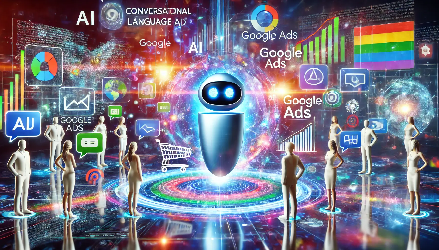 A futuristic digital marketing scene with an AI interface interacting with advertisers, showcasing advanced conversational AI in Google Ads.