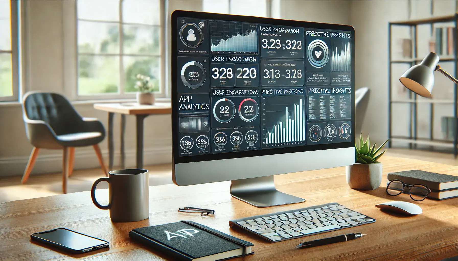 A modern workspace featuring a desktop with an analytical dashboard displaying app analytics metrics, surrounded by office essentials.