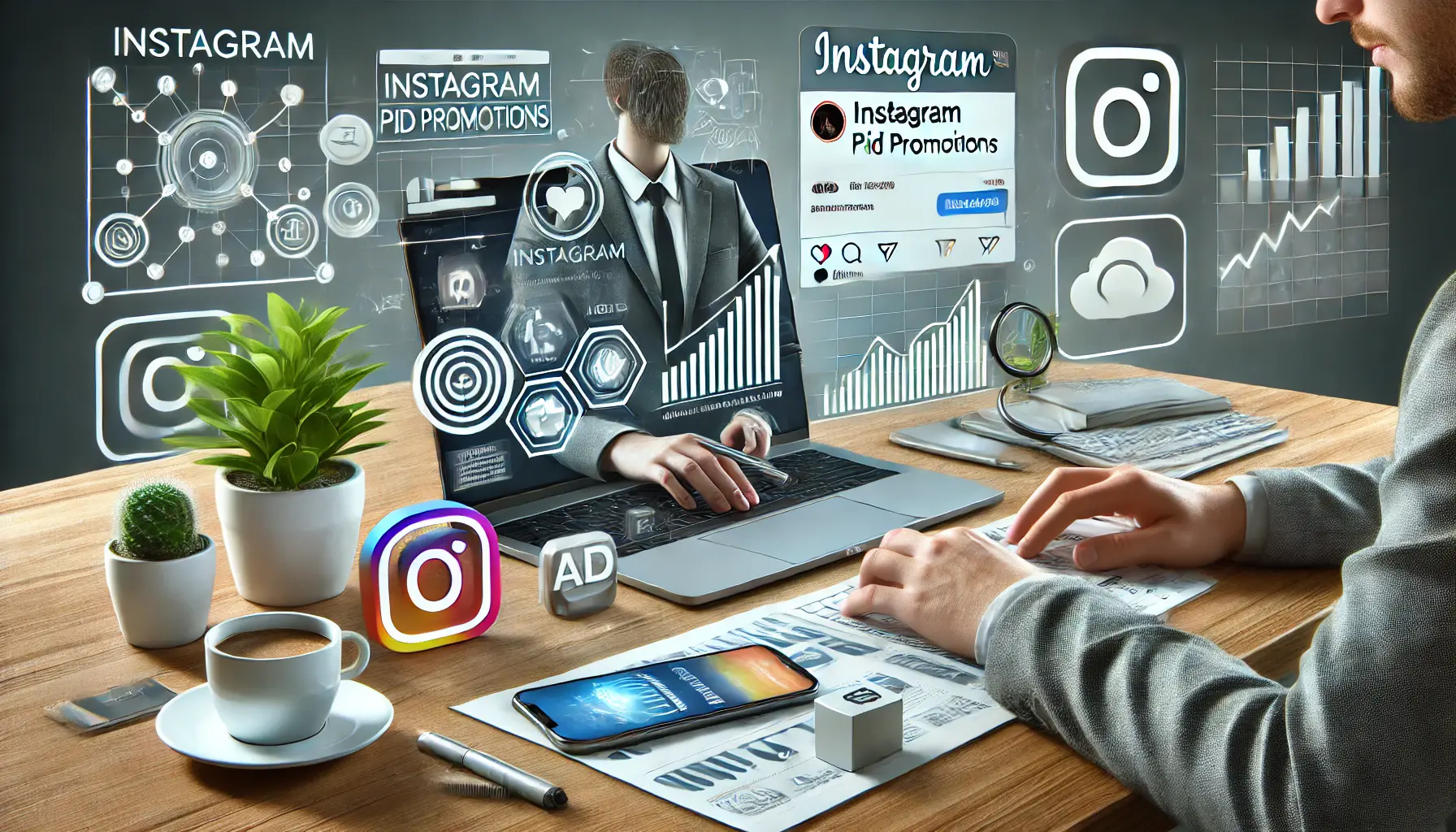 Illustration of a person working at a desk with devices displaying Instagram analytics and ad campaigns, surrounded by symbols like a maze, roadblock, and cloud representing obstacles.