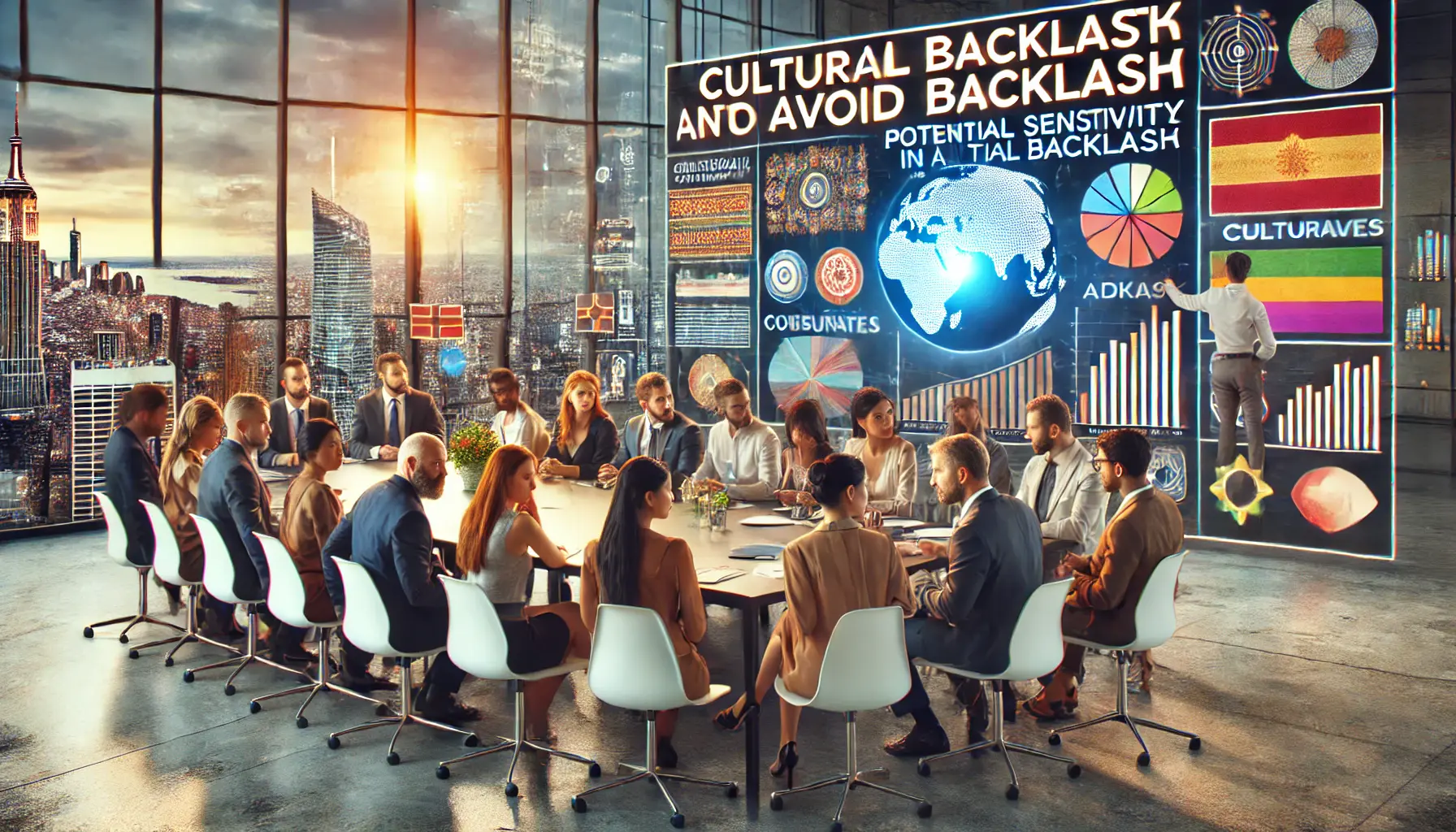 A diverse group of professionals discussing cultural sensitivities and potential backlash in advertising in a modern office.