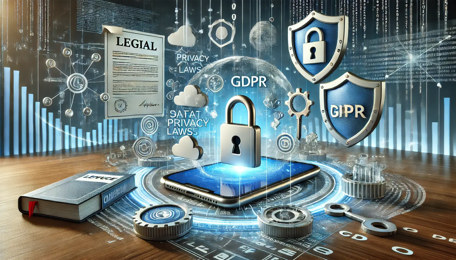 A mobile device surrounded by digital shields, abstract legal documents, and flowing data streams representing data privacy laws in advertising.