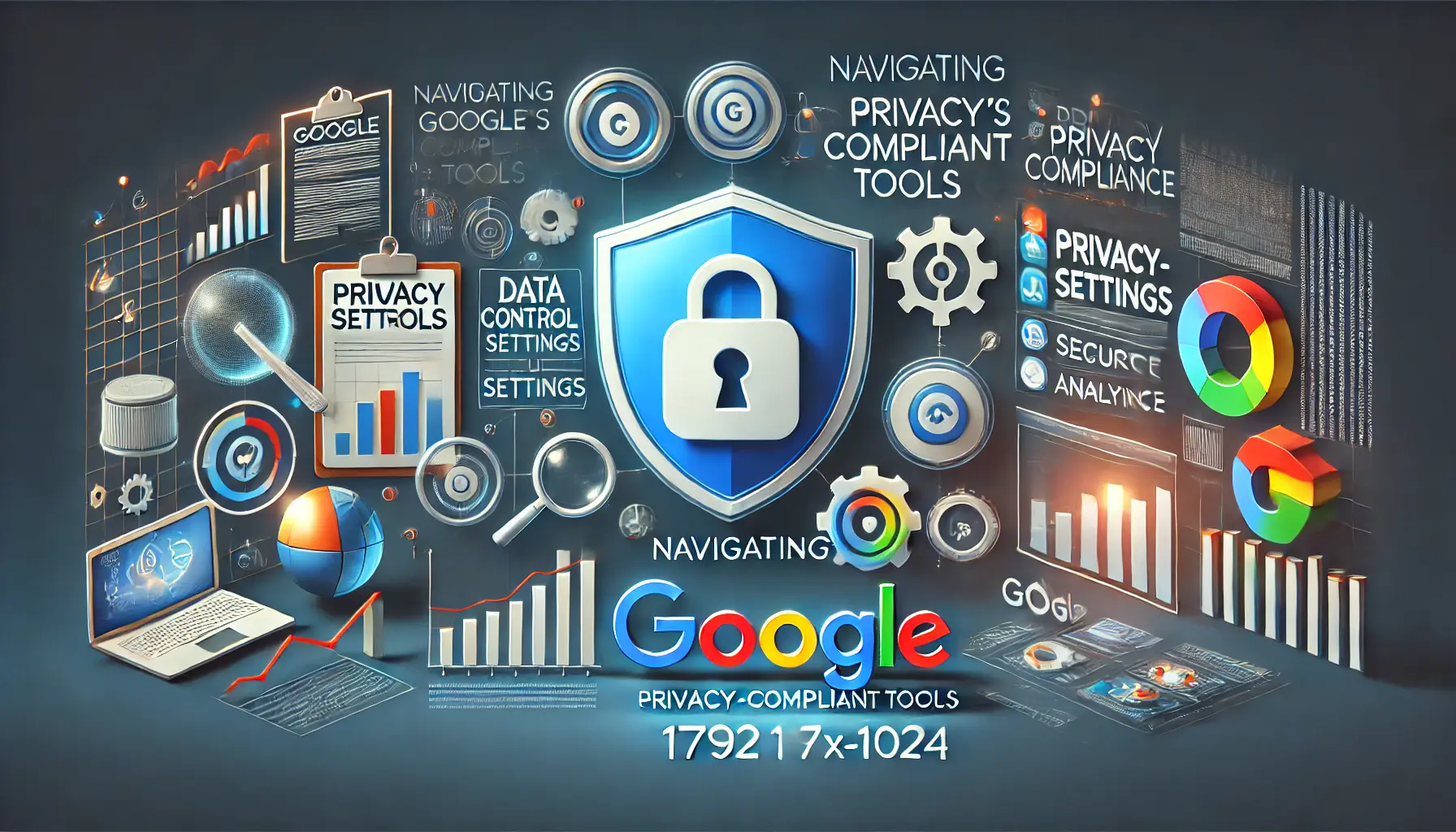 Illustration of Google’s privacy-compliant tools with a dashboard showing privacy settings, compliance metrics, and secure icons.