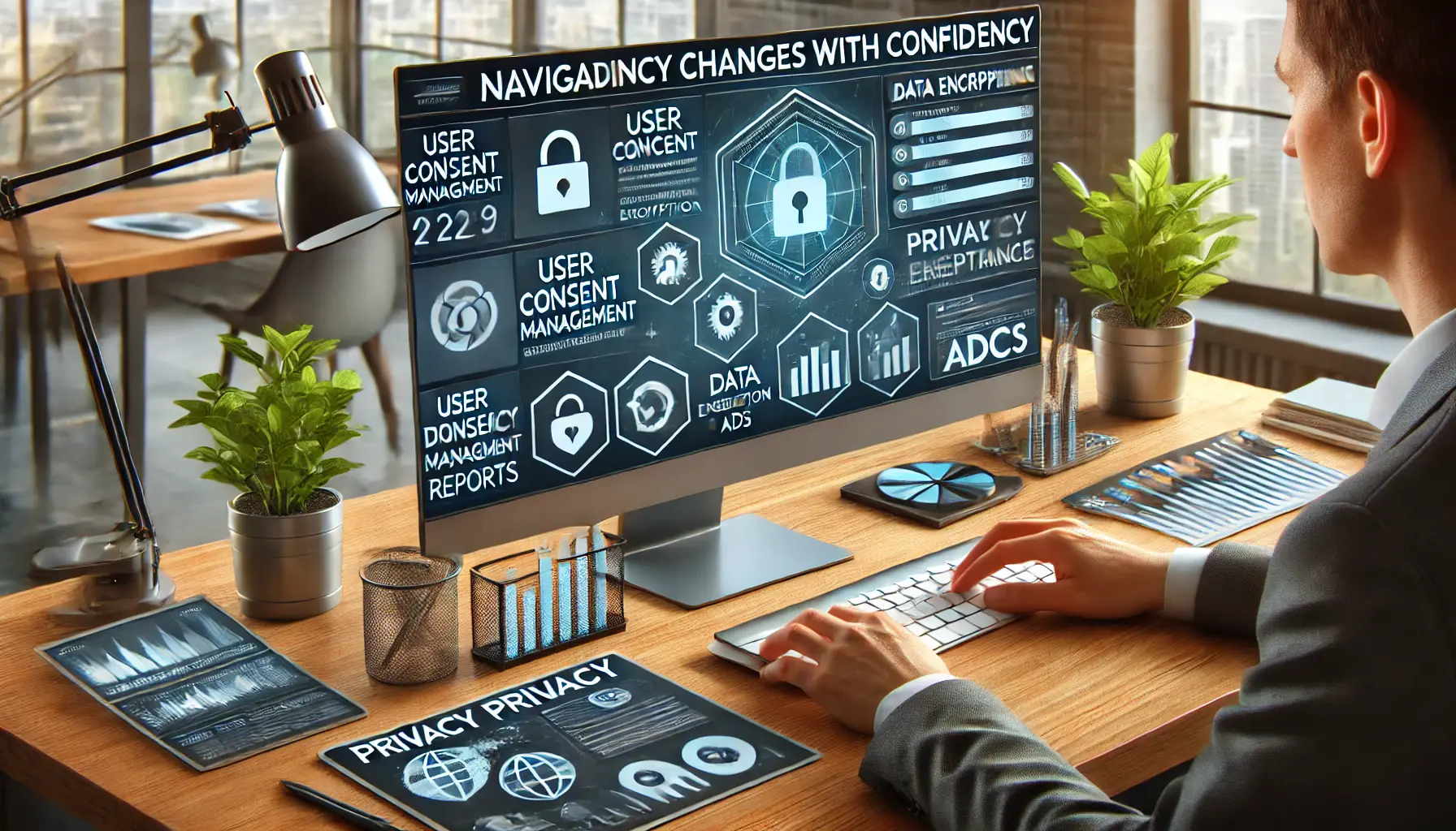 A digital marketing workspace showing privacy compliance tools and data privacy reports for navigating privacy changes.