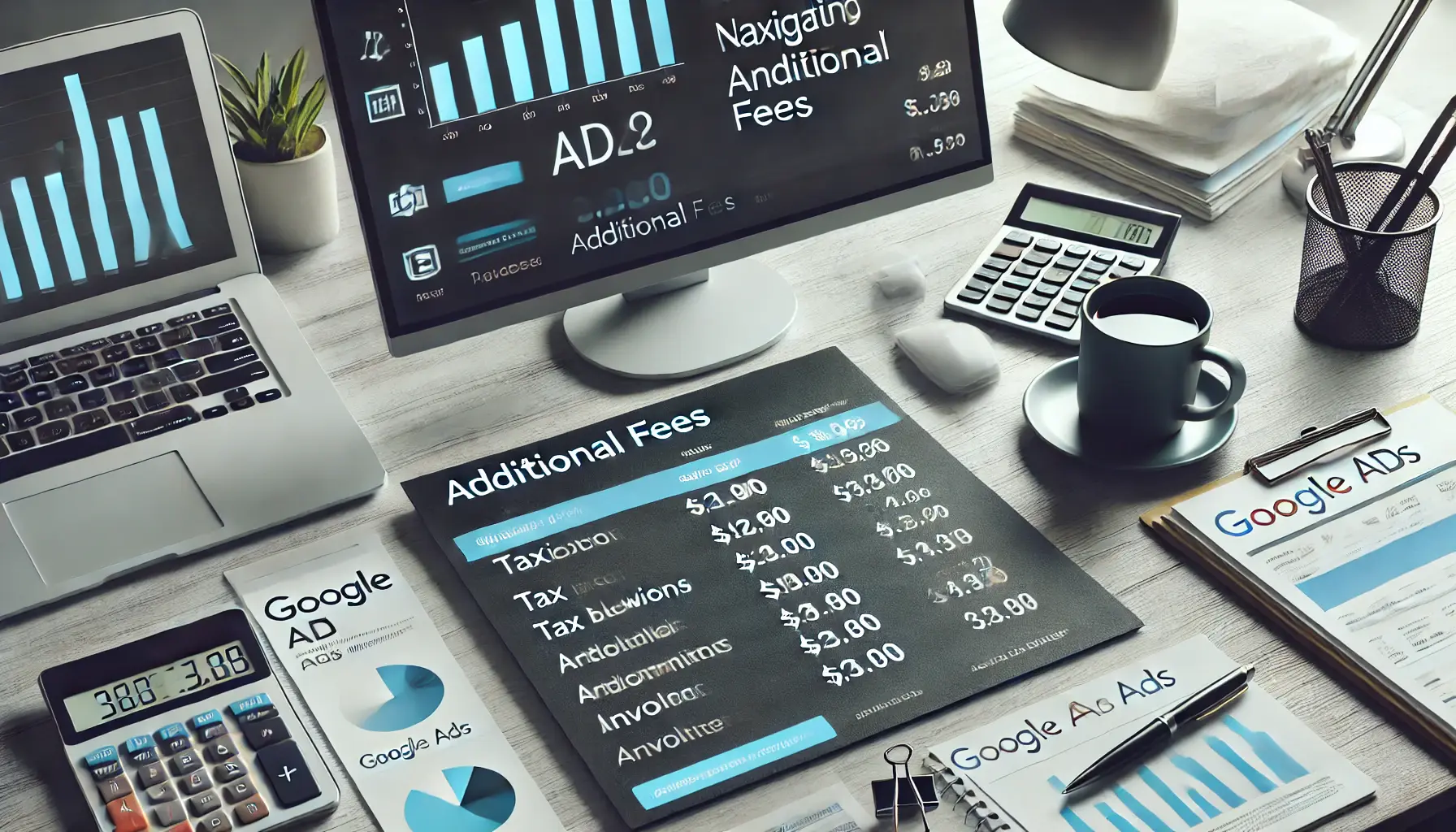 A workspace with a desktop screen showing tax breakdowns and additional fees, accompanied by documents, a calculator, and a coffee cup, representing the management of taxation and fees on invoices.