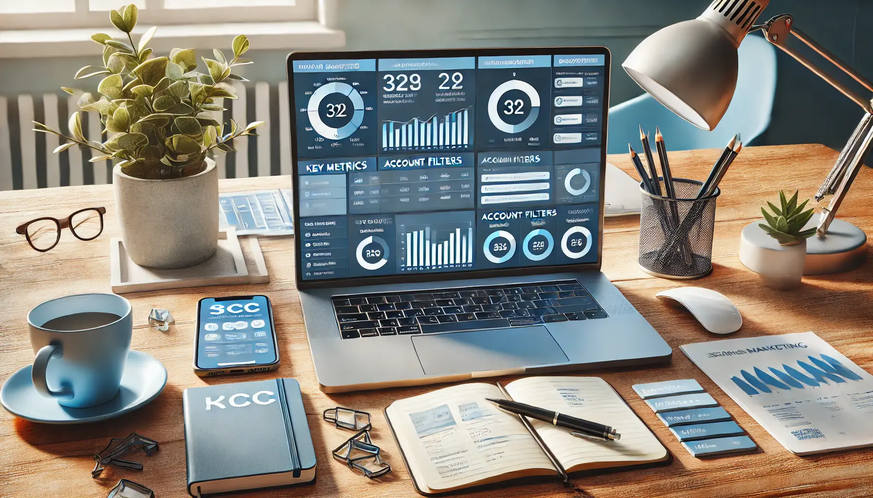 A laptop displaying the MCC dashboard with key metrics and filters in a professional workspace.