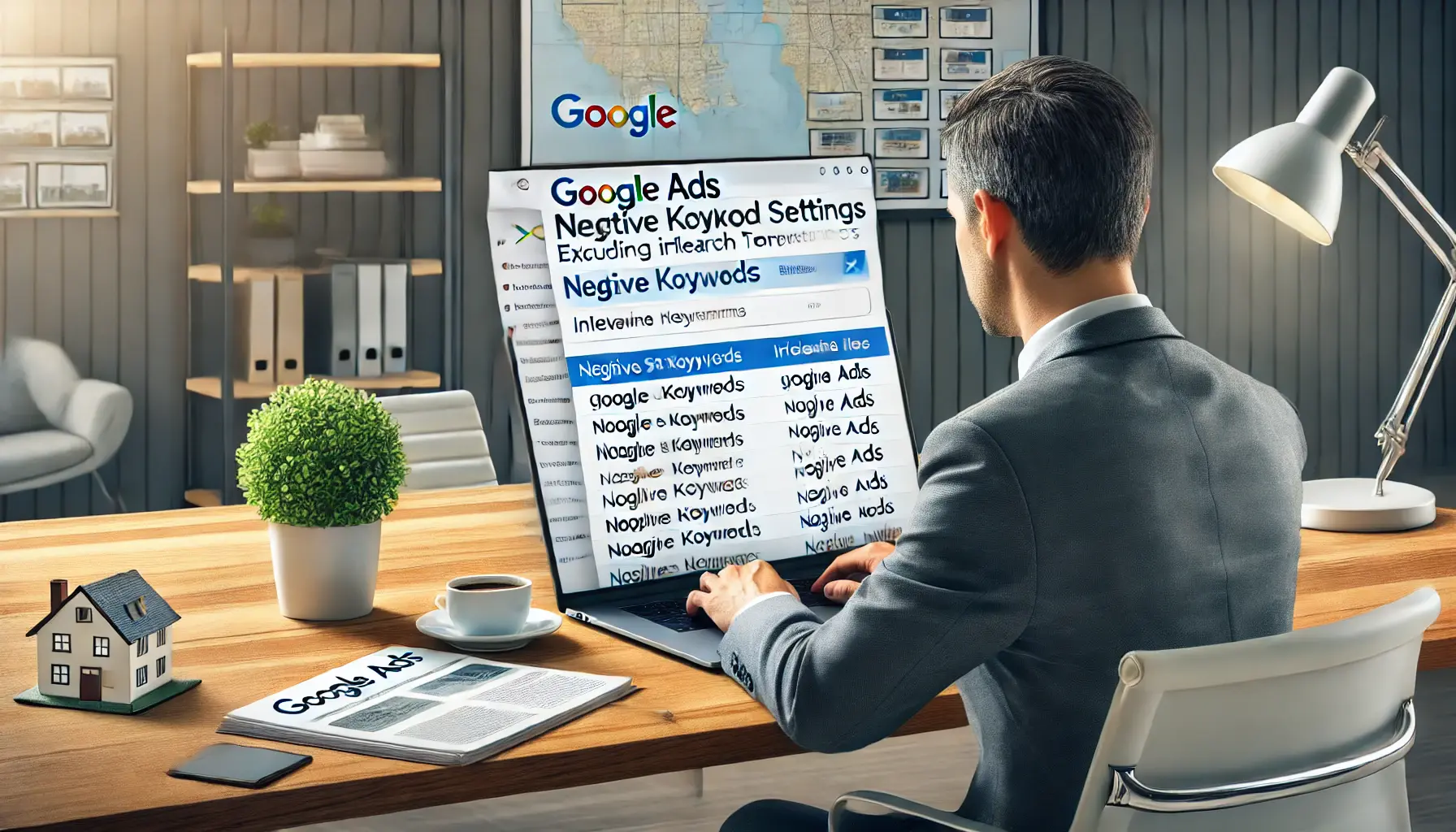 A real estate agent reviewing a laptop screen displaying negative keyword settings for Google Ads.