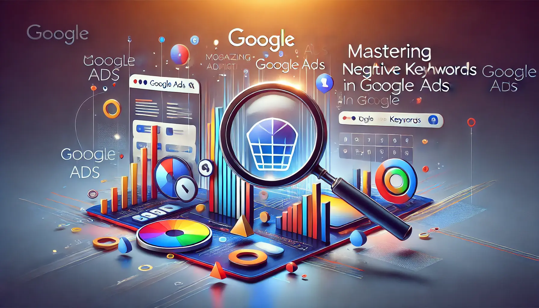 A modern graphical representation of Google Ads optimization featuring abstract shapes, magnifying glass icons, and filtering mechanisms.