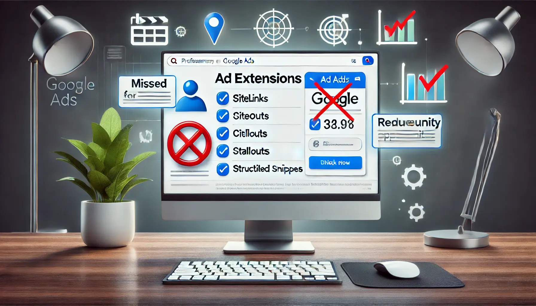 An illustration showing the impact of neglecting ad extensions in Google Ads, with a basic ad without sitelinks, callouts, or structured snippets.