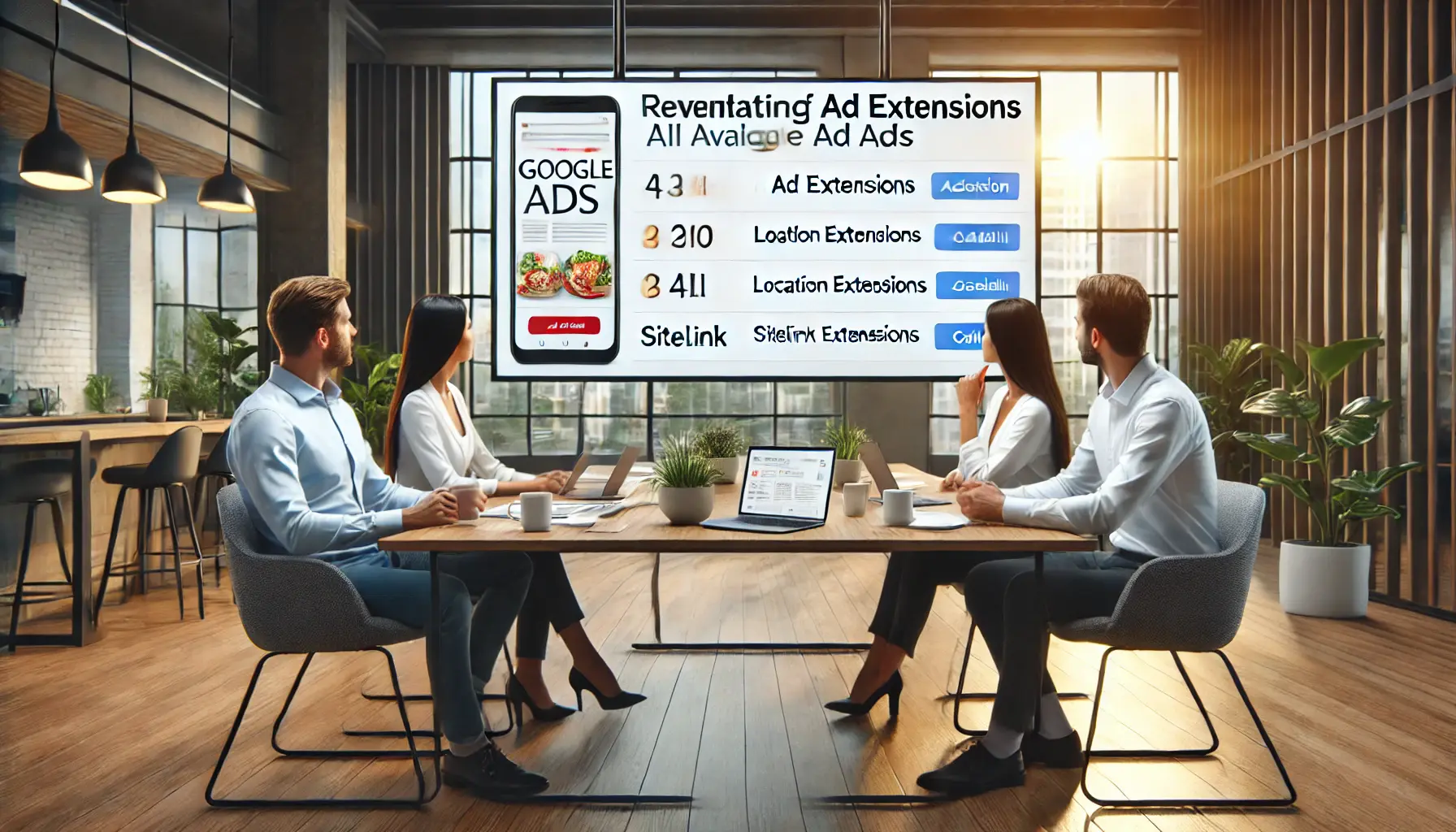 A restaurant marketing team discussing ad extensions for their Google Ads campaign, with a screen showing an ad without extensions.