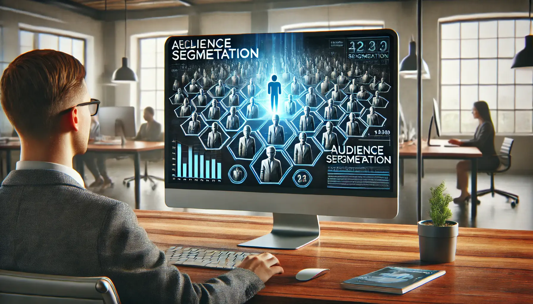 A digital marketer neglecting audience segmentation on a computer screen, showing an undifferentiated audience with no targeted groups in a modern office setting.