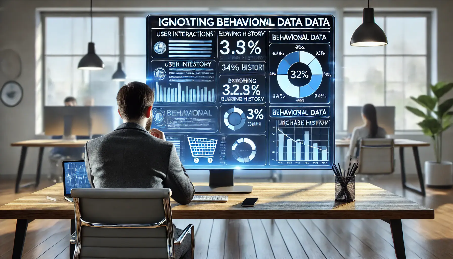 A digital marketer neglecting behavioral data analysis on a computer screen, displaying incomplete data on user interactions, browsing history, and purchase behavior in a modern office setting.