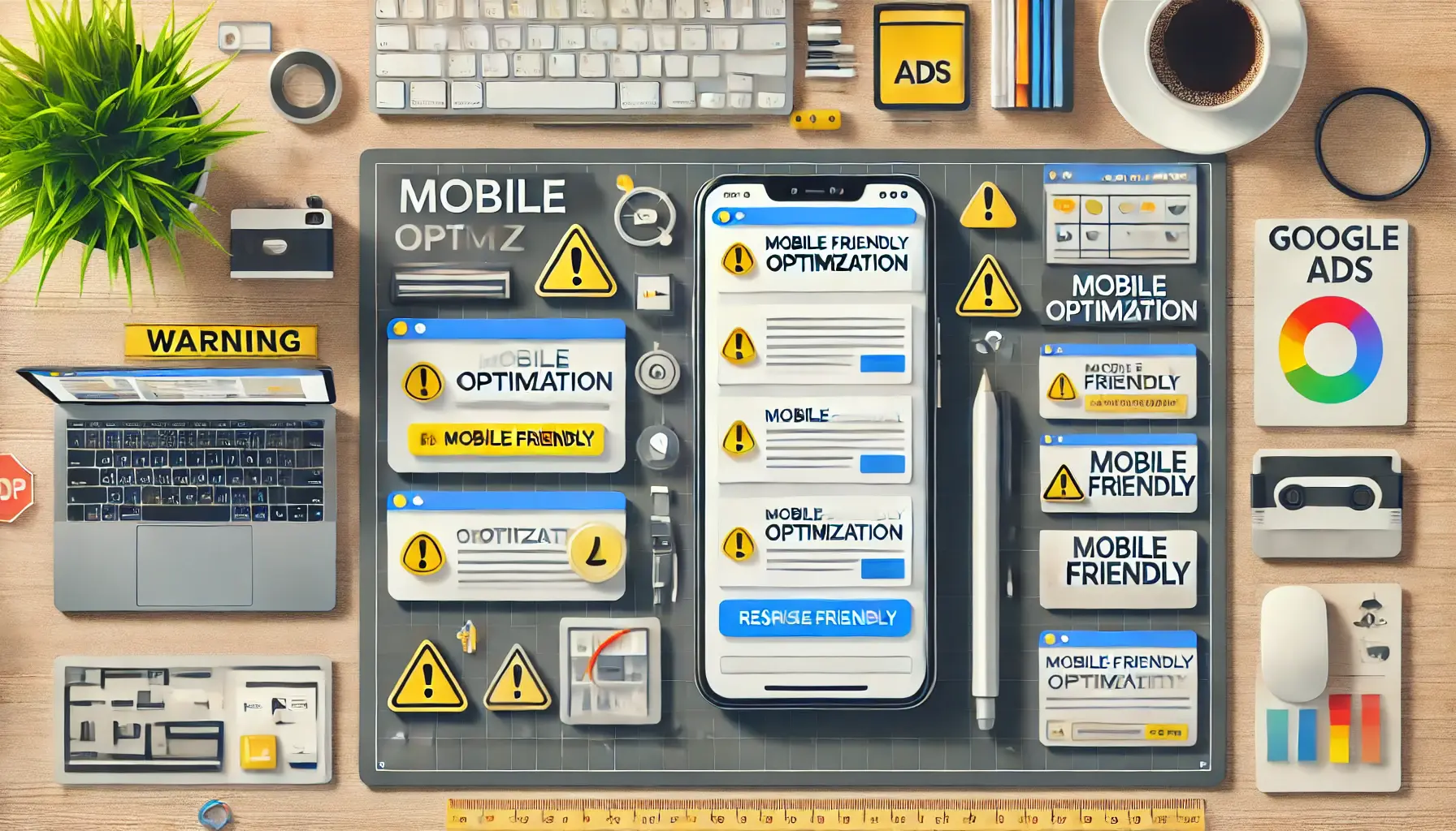 A smartphone displaying a poorly formatted ad beside a desktop with a well-optimized ad, surrounded by warning icons and a mobile-friendly checklist.