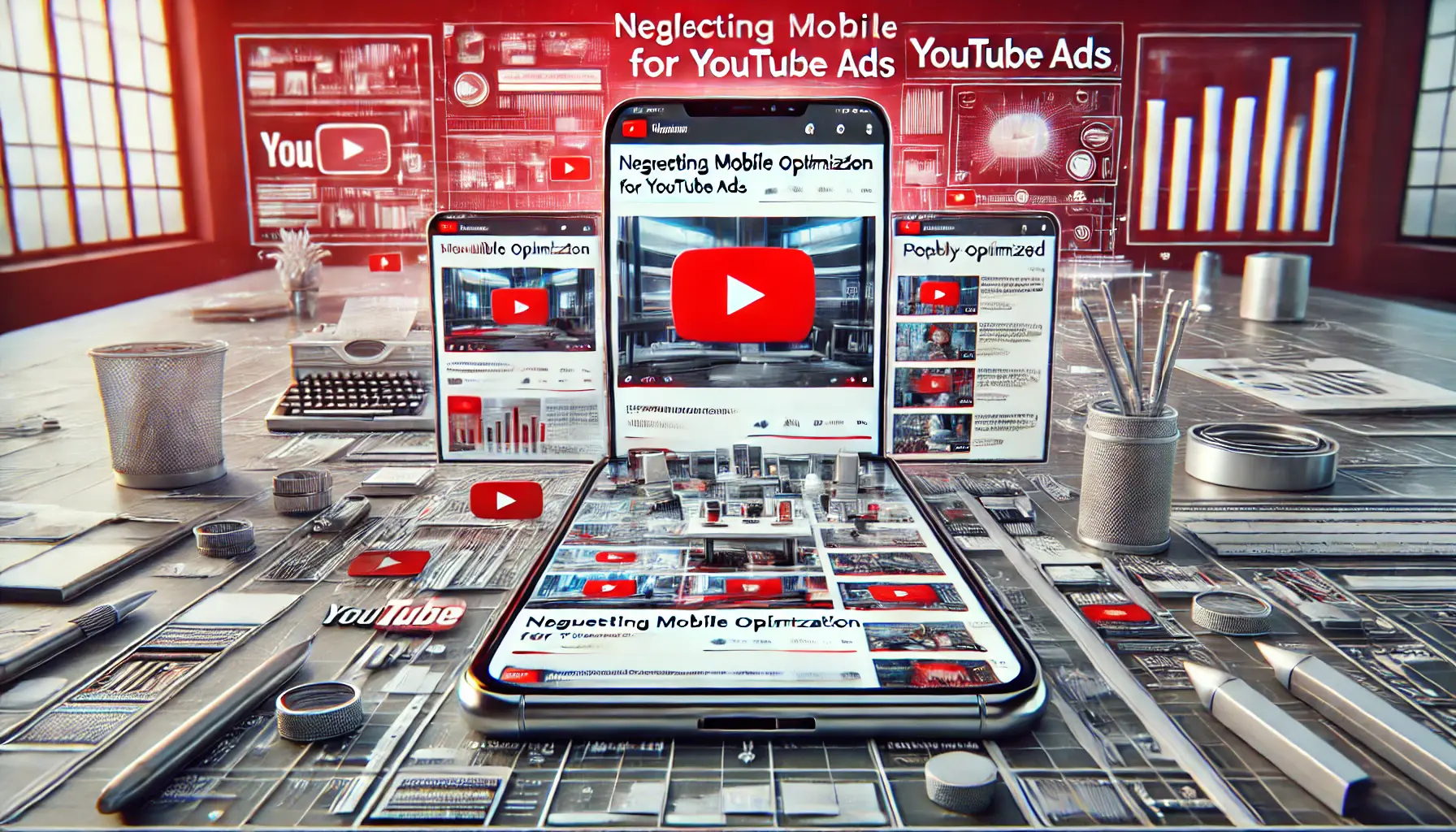 An illustration of a smartphone displaying a YouTube ad that is poorly optimized for mobile viewing, with distorted visuals and small text.