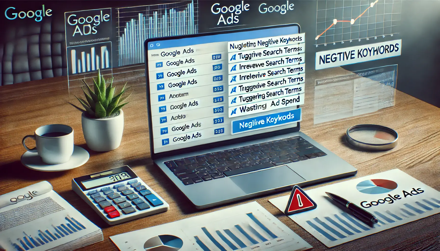 A digital marketing workspace showing a laptop with Google Ads displaying irrelevant search terms triggering ads, with performance charts and warning symbols indicating inefficiency.