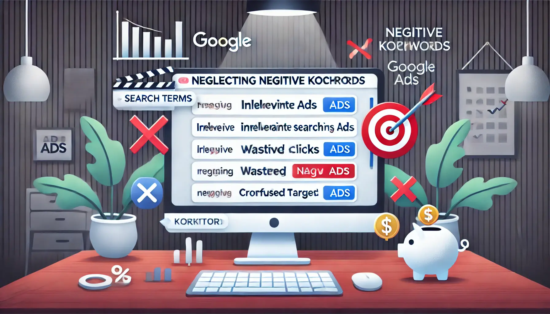 A computer screen displaying a Google Ads campaign where irrelevant search terms are triggering ads, surrounded by symbols like a leaking dollar sign and a crossed-out keyword in a modern workspace.