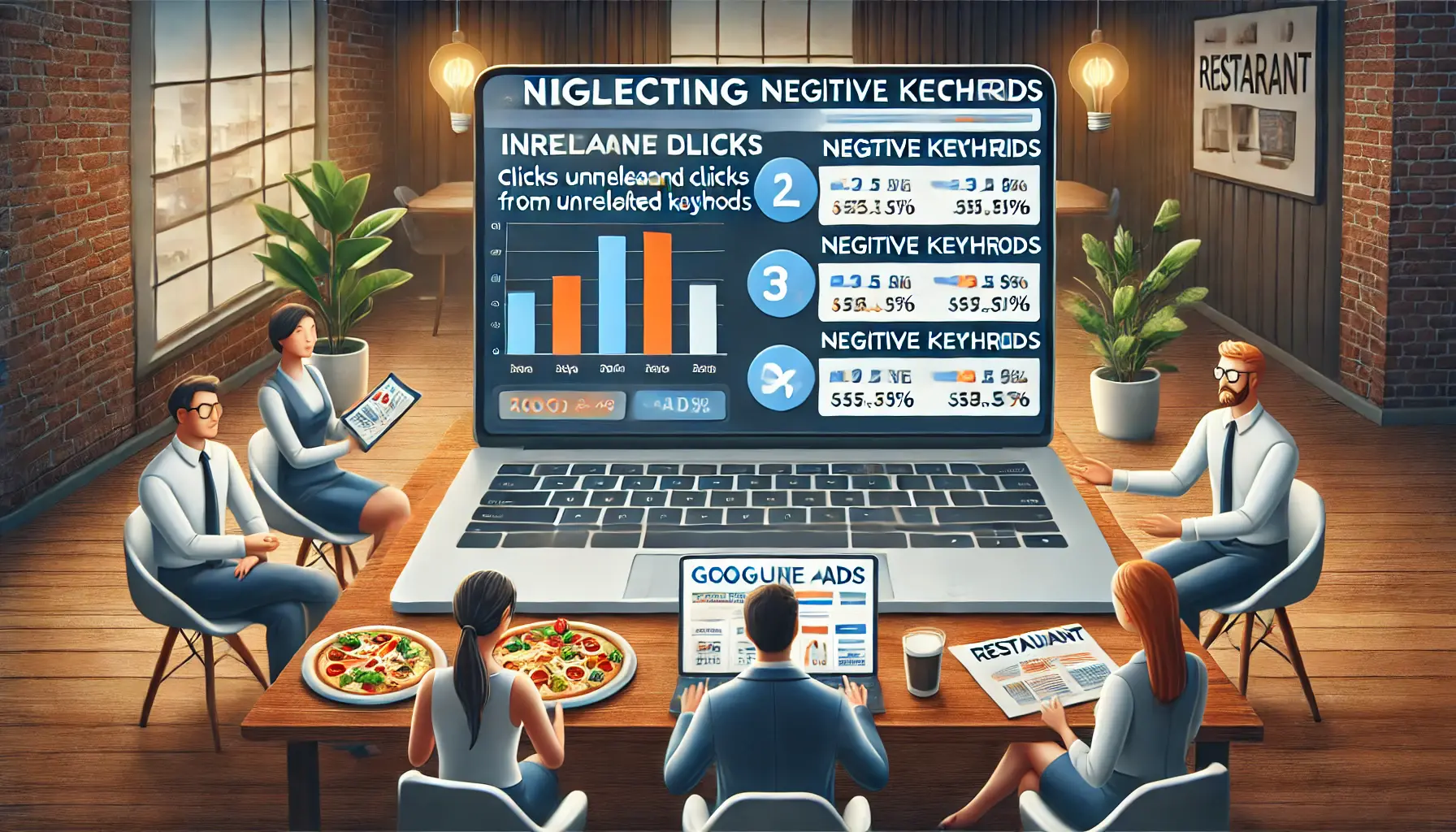 A restaurant marketing team reviewing irrelevant data and keyword traffic on a laptop screen, representing the neglect of negative keywords in a Google Ads campaign.