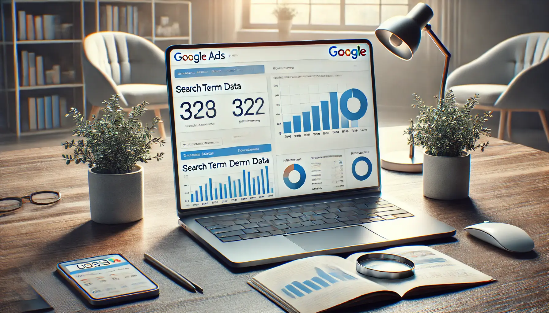 A digital marketing workspace showing a laptop with the Google Ads dashboard, displaying a lack of search term data, surrounded by charts indicating missed opportunities.