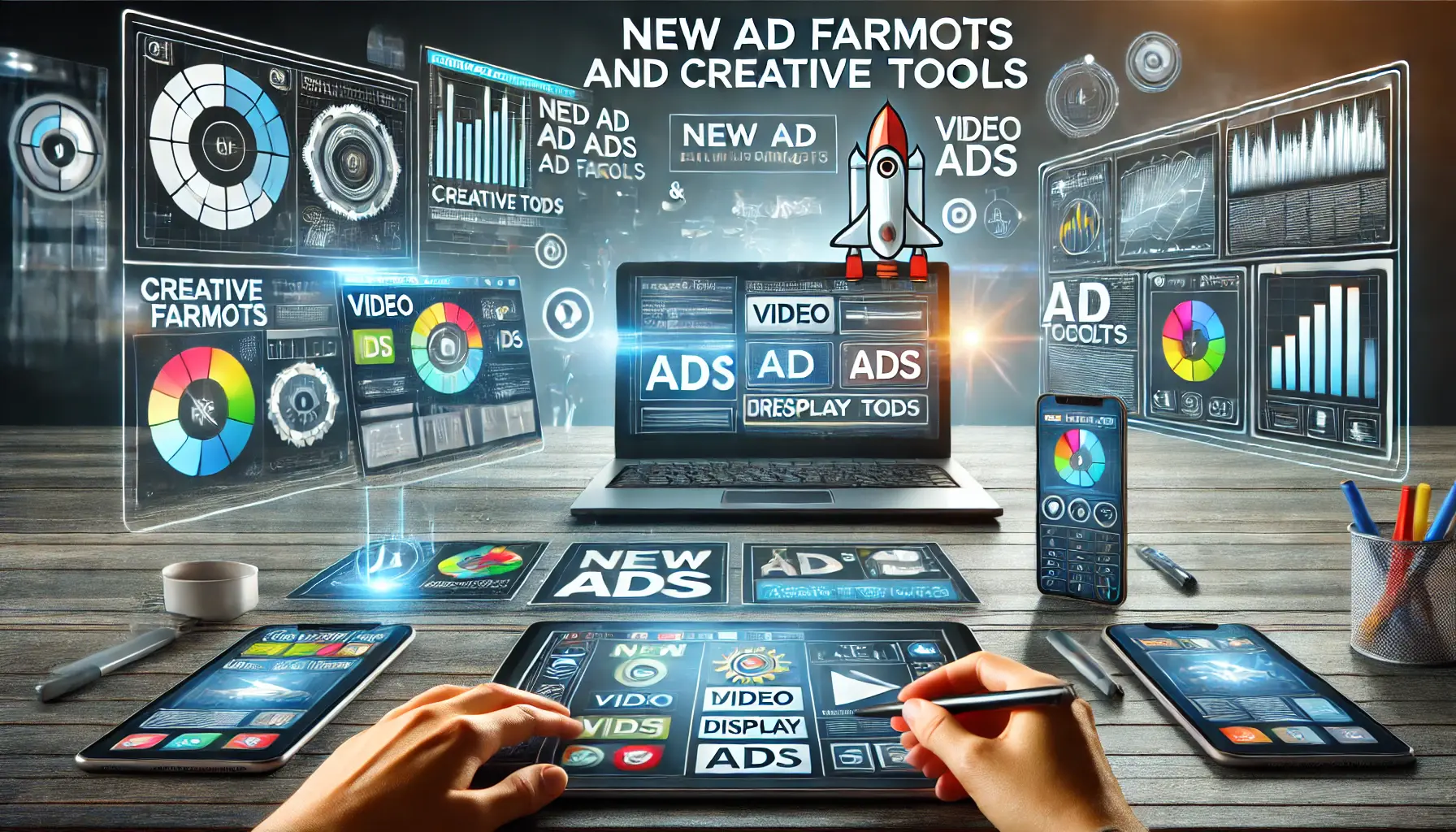 Visualization of new ad formats and creative tools, featuring various ad types on digital devices.