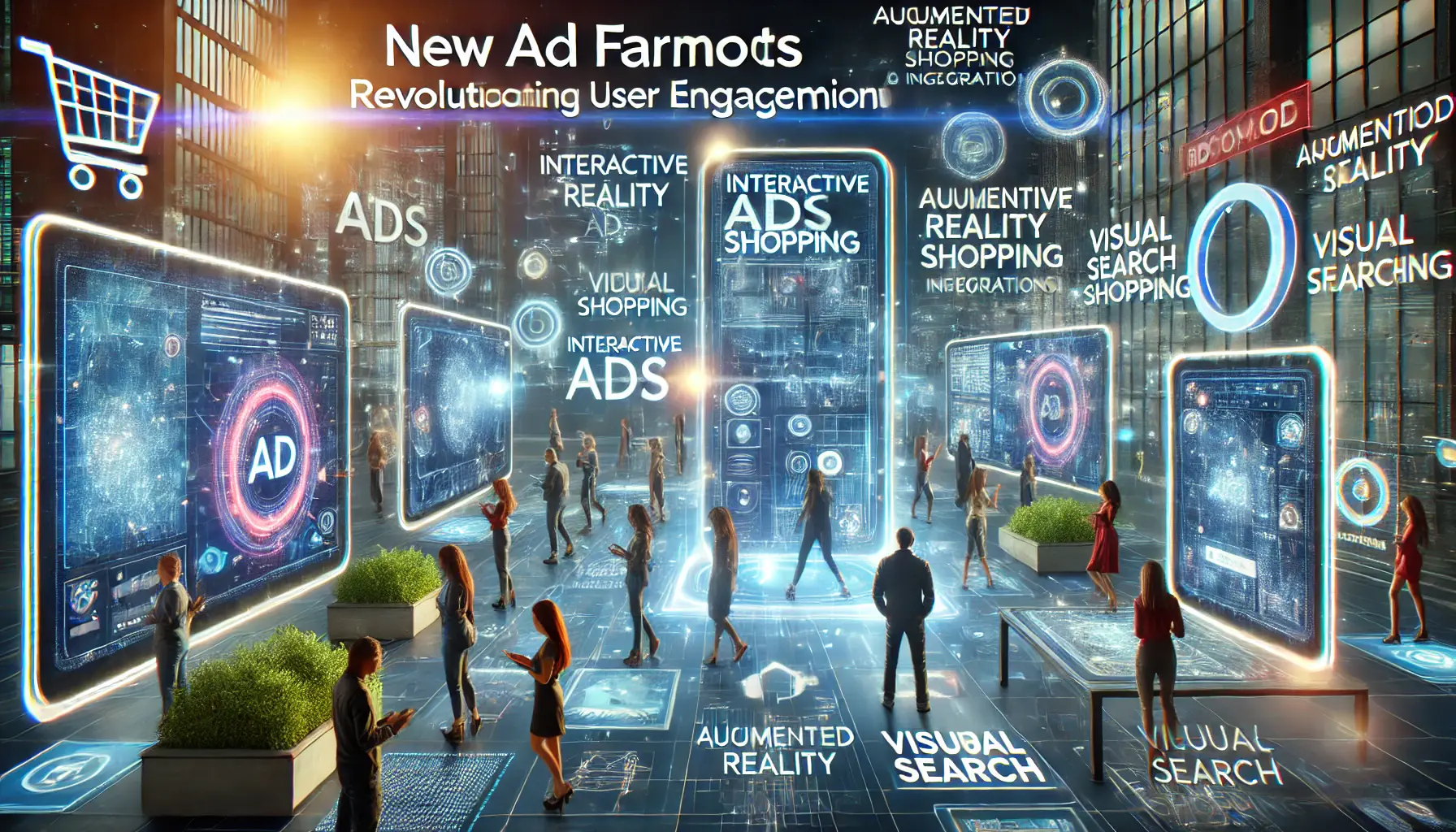 A futuristic representation of interactive ad formats, including augmented reality and visual search integrations, engaging users in a modern environment.