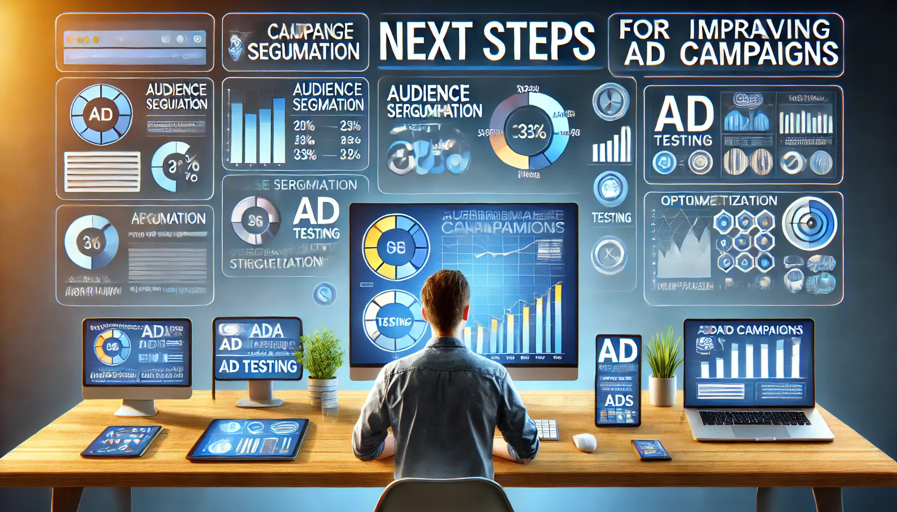 Image showing a marketer reviewing campaign analytics on a digital dashboard, with charts, graphs, and multiple devices displaying ads at different stages of the campaign process.