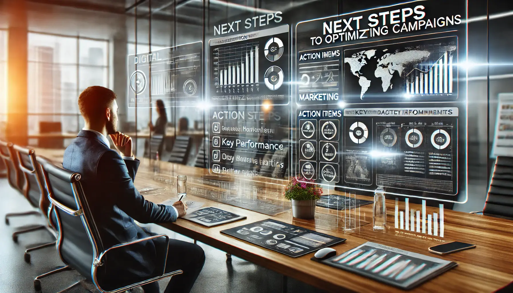 A digital marketer planning next steps to optimize marketing campaigns, with a screen displaying strategy boards, action items, and performance metrics in a modern office.